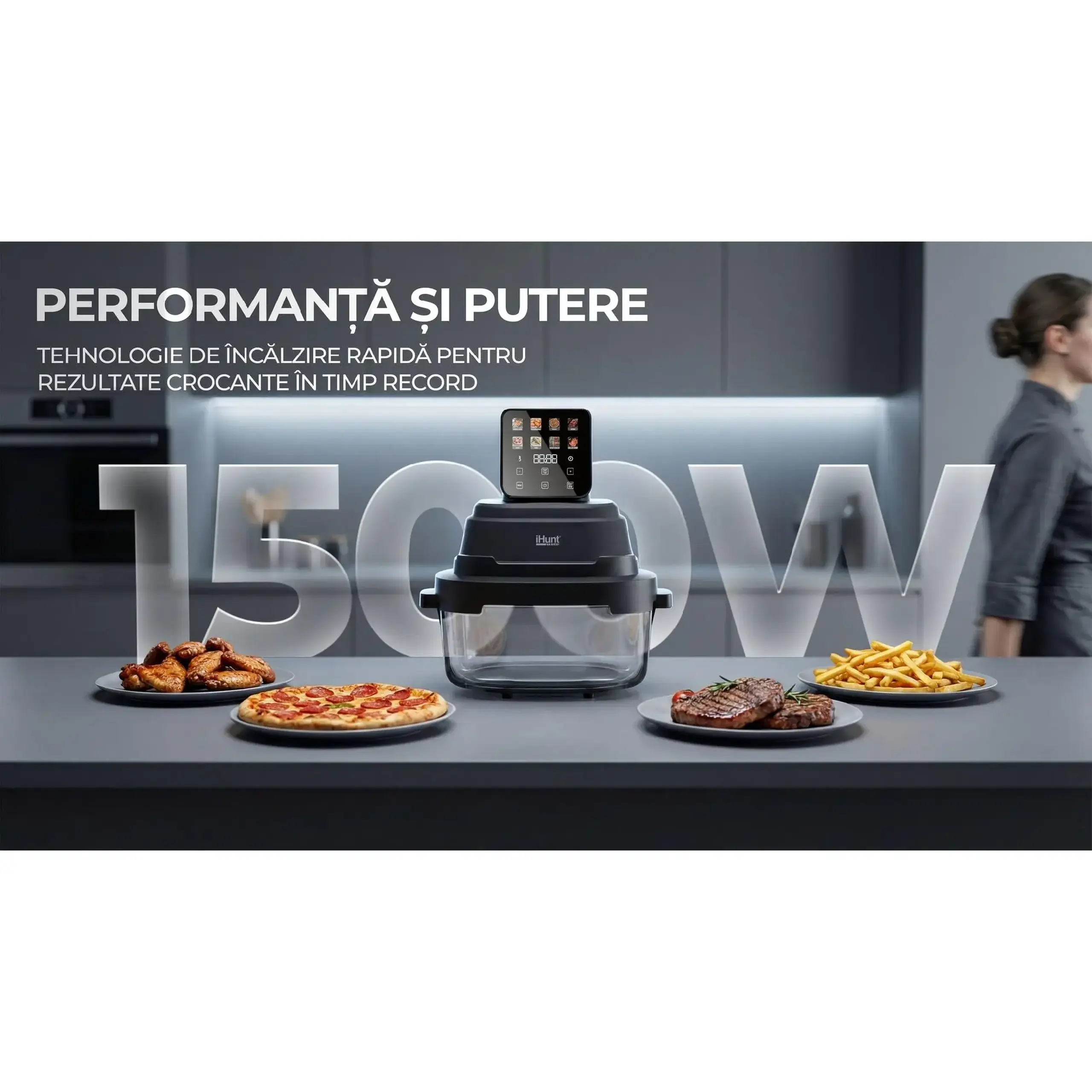Friteuza cu aer cald fara ulei iHunt PureGlass Crisp 8 in 1, Sistem din Sticla Borosilicata, 1500W, 2 Vase Modulare 4L + 1.5L cu Capace de Sigilare, Vedere si Circulatie 360° a Aerului Cald, Compact, Compatibil cu Masina Spalat Vase, Black