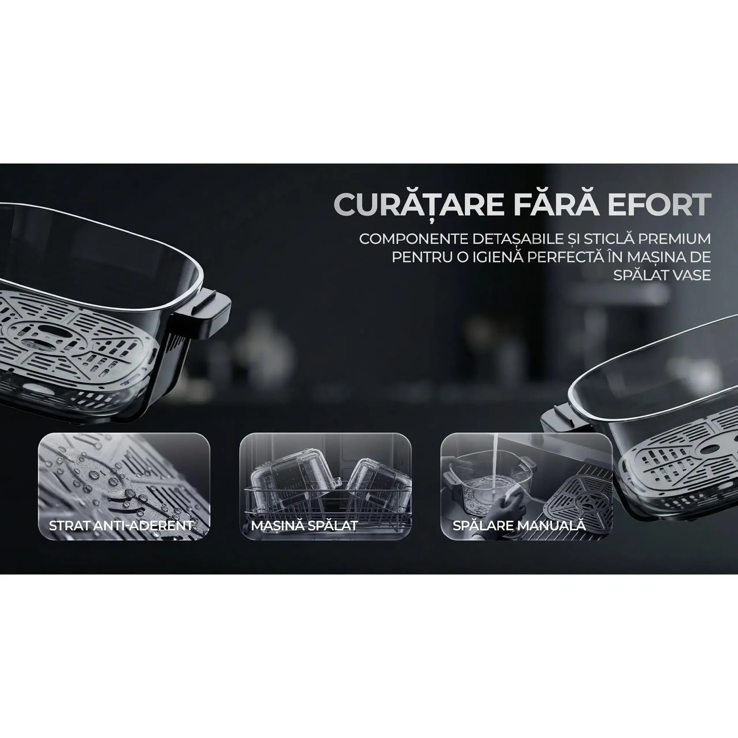 Friteuza cu aer cald fara ulei iHunt PureGlass Crisp 8 in 1, Sistem din Sticla Borosilicata, 1500W, 2 Vase Modulare 4L + 1.5L cu Capace de Sigilare, Vedere si Circulatie 360° a Aerului Cald, Compact, Compatibil cu Masina Spalat Vase, Black