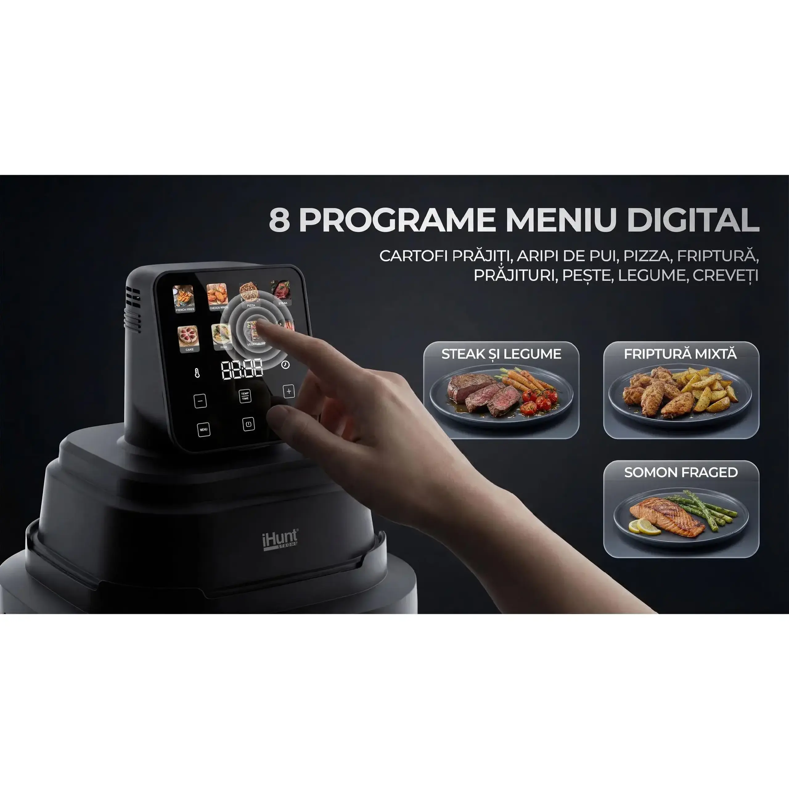 Friteuza cu aer cald fara ulei iHunt PureGlass Crisp 8 in 1, Sistem din Sticla Borosilicata, 1500W, 2 Vase Modulare 4L + 1.5L cu Capace de Sigilare, Vedere si Circulatie 360° a Aerului Cald, Compact, Compatibil cu Masina Spalat Vase, Black
