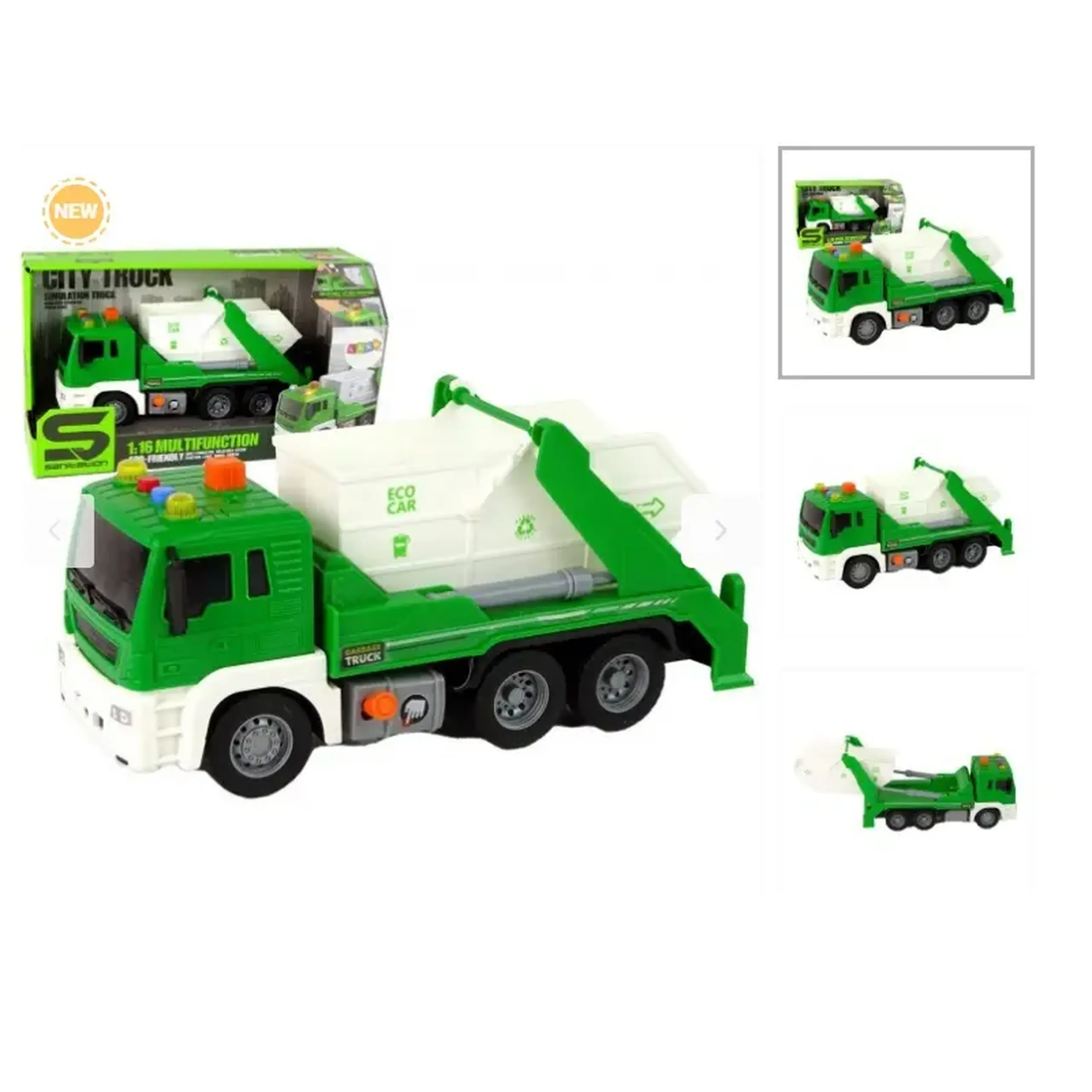 Camion de gunoi verde cu buton presiune, frictiune, sunete si lumini