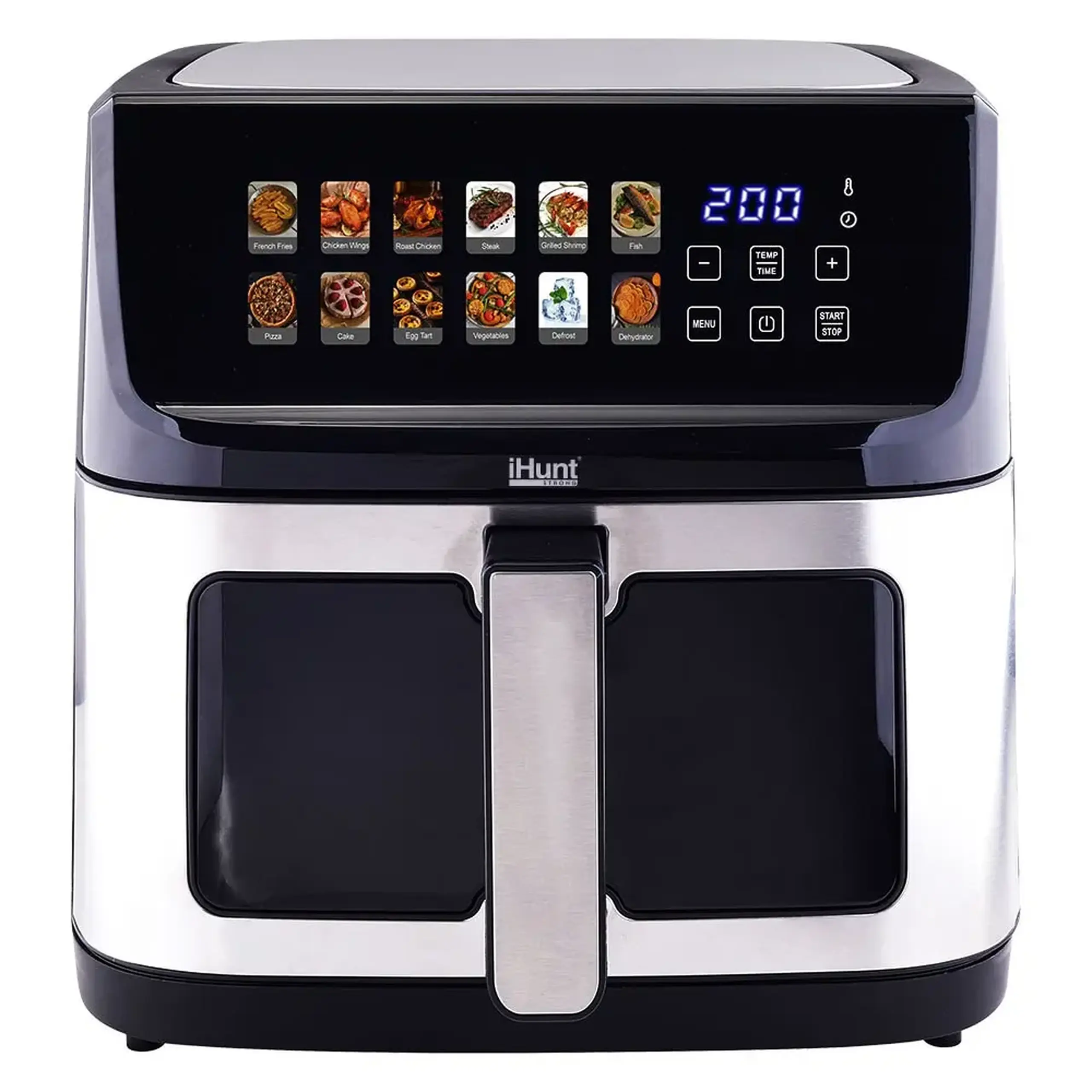 Friteuza cu aer cald iHunt Bro Air Fryer 11L, 2300W, Capacitate Mare, Timer, Dezghetare, Control Digital Touch, 12 Programe Presetate, Oprire Automata, Termostat 60 – 200°C, Inox Premium, Silver Black