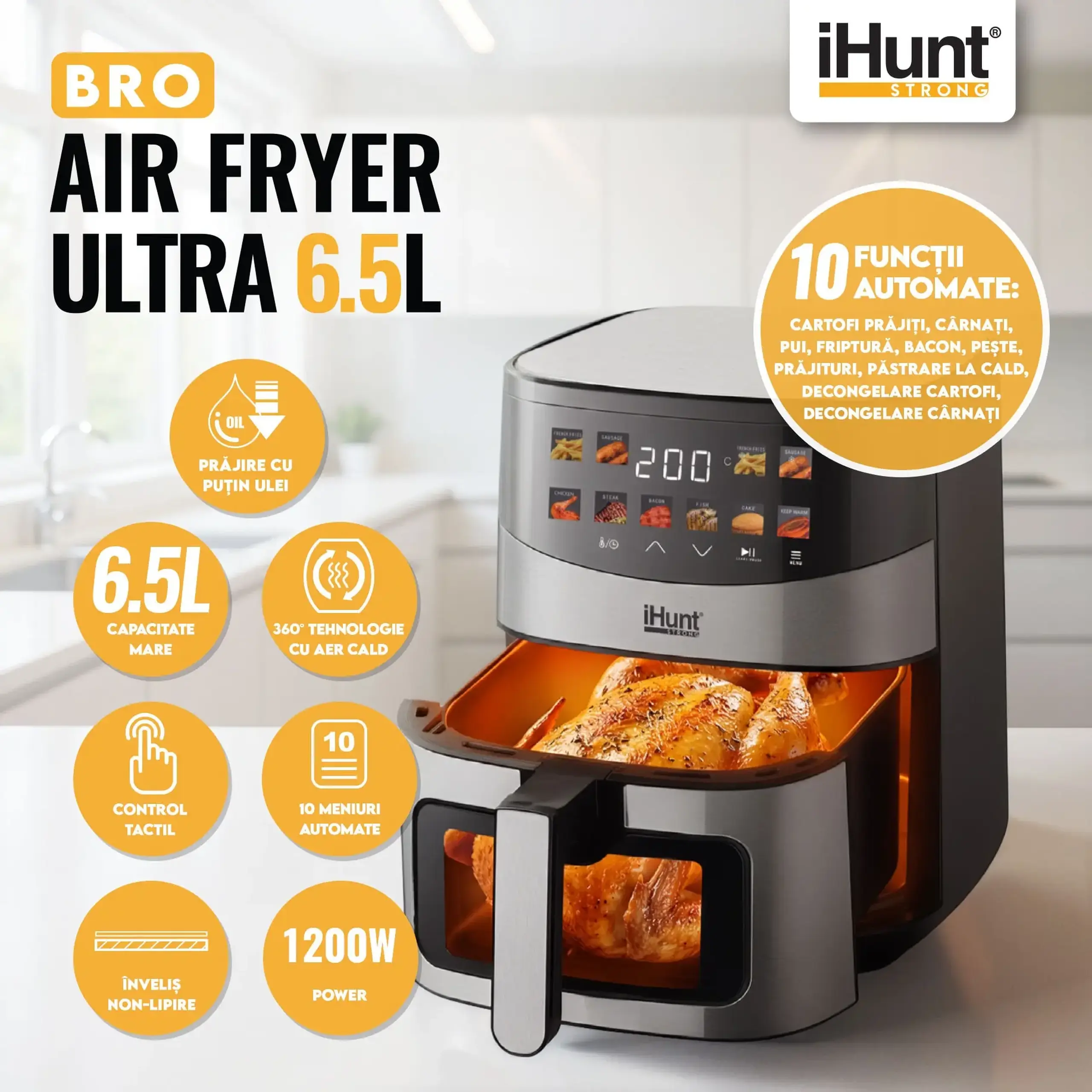 Friteuza cu aer cald iHunt Bro Air Fryer Ultra 6.5L, 1500W, 10 Programe Presetate, Ecran Color Touch, Termostat 80–200°C, Oprire automata, Temporizator, Strat antiaderent, Inox Premium, Silver Gray