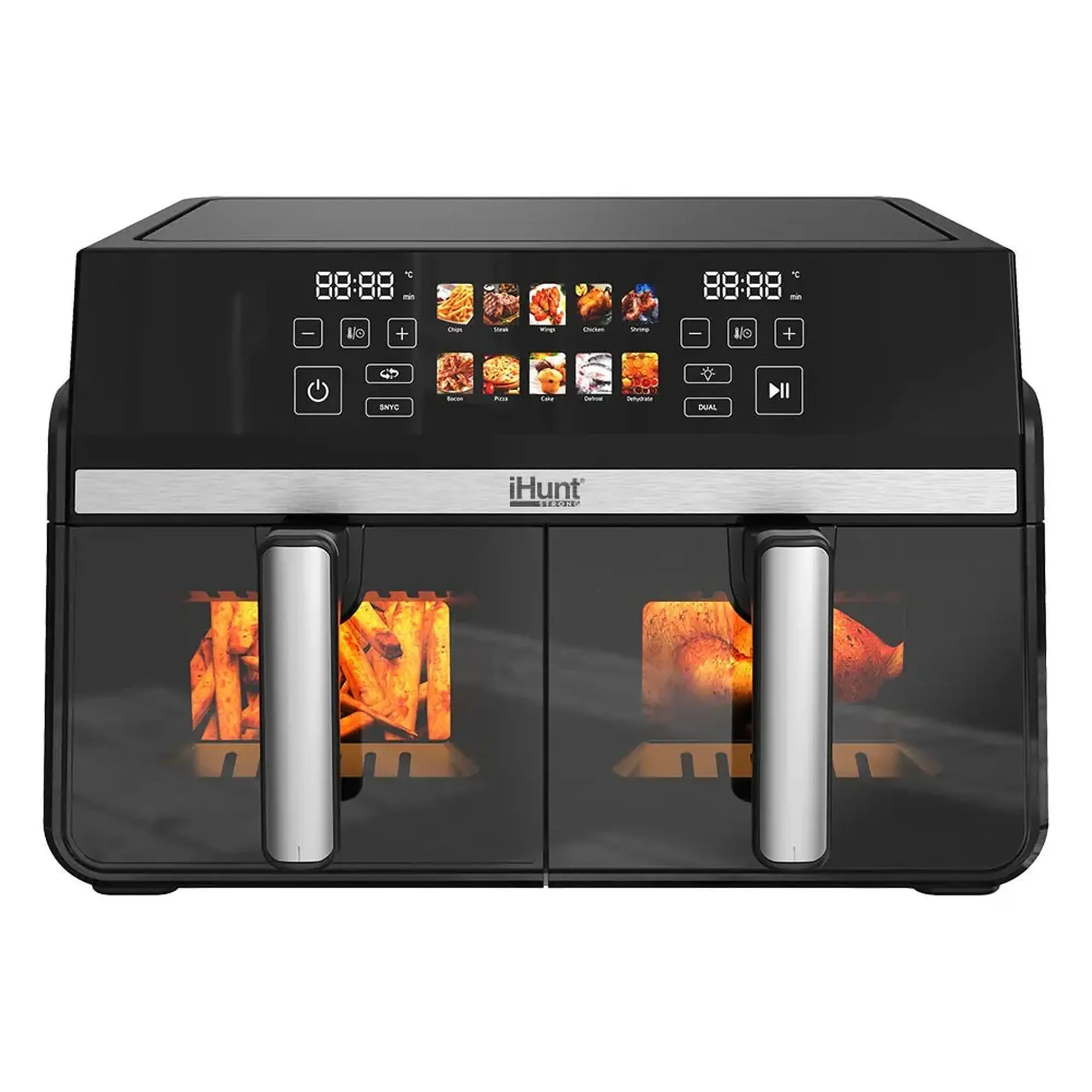 Friteuza cu aer cald iHunt Bro Dual Zone Air Fryer 10L, 1100W + 1100W, Compartimente independente, Ecran Touch, Termostat, 10 Programe Presetate, Dezghetare, Timer, Oprire automata, Inox, Silvery Grey