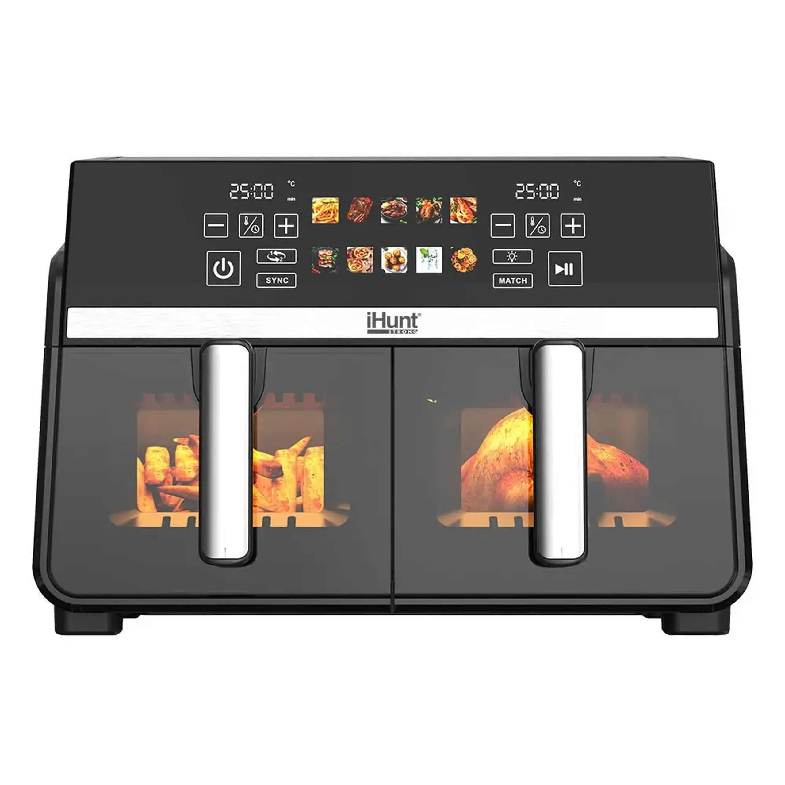 Friteuza cu aer cald iHunt Bro Dual Zone Air Fryer 10L, 1100W + 1100W, Compartimente independente, Ecran Touch, Termostat, 10 Programe Presetate, Dezghetare, Timer, Oprire automata, Inox, Silvery Grey