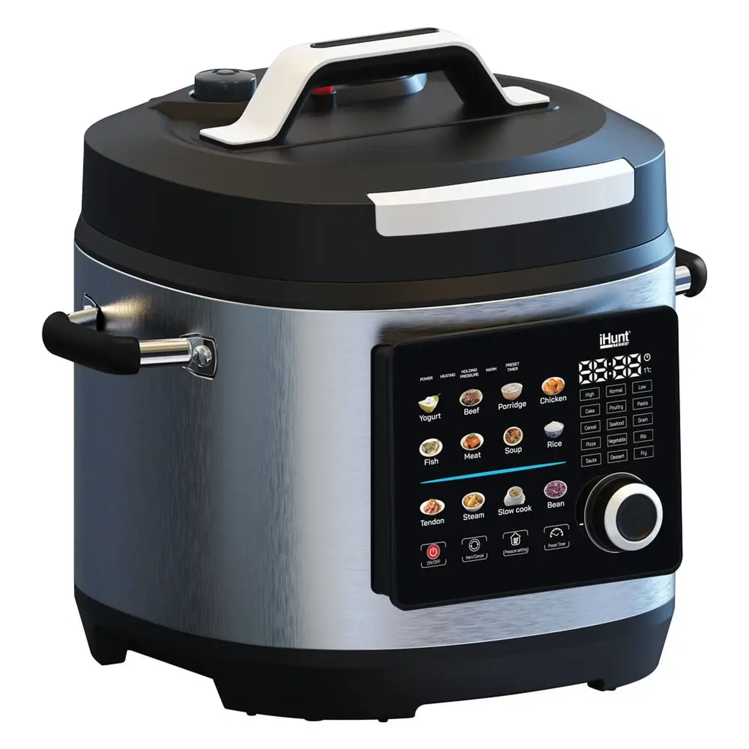 Oala electrica sub presiune iHunt Bro Multicooker 8L Ultra, 1300W, Afisaj Color Touch, 25 de programe, Presiune Ajustabila, Pastrare la cald 60–80°C, Sistem siguranta cu supapa automata, Silver