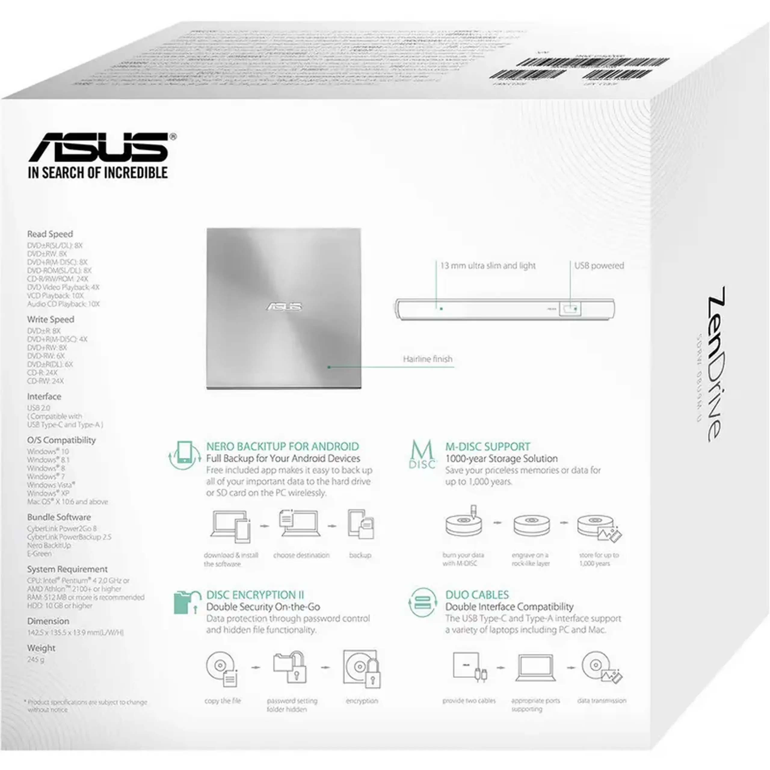 Unitate DVD-RW ASUS ZenDrive U9M, USB 2.0, Argintiu