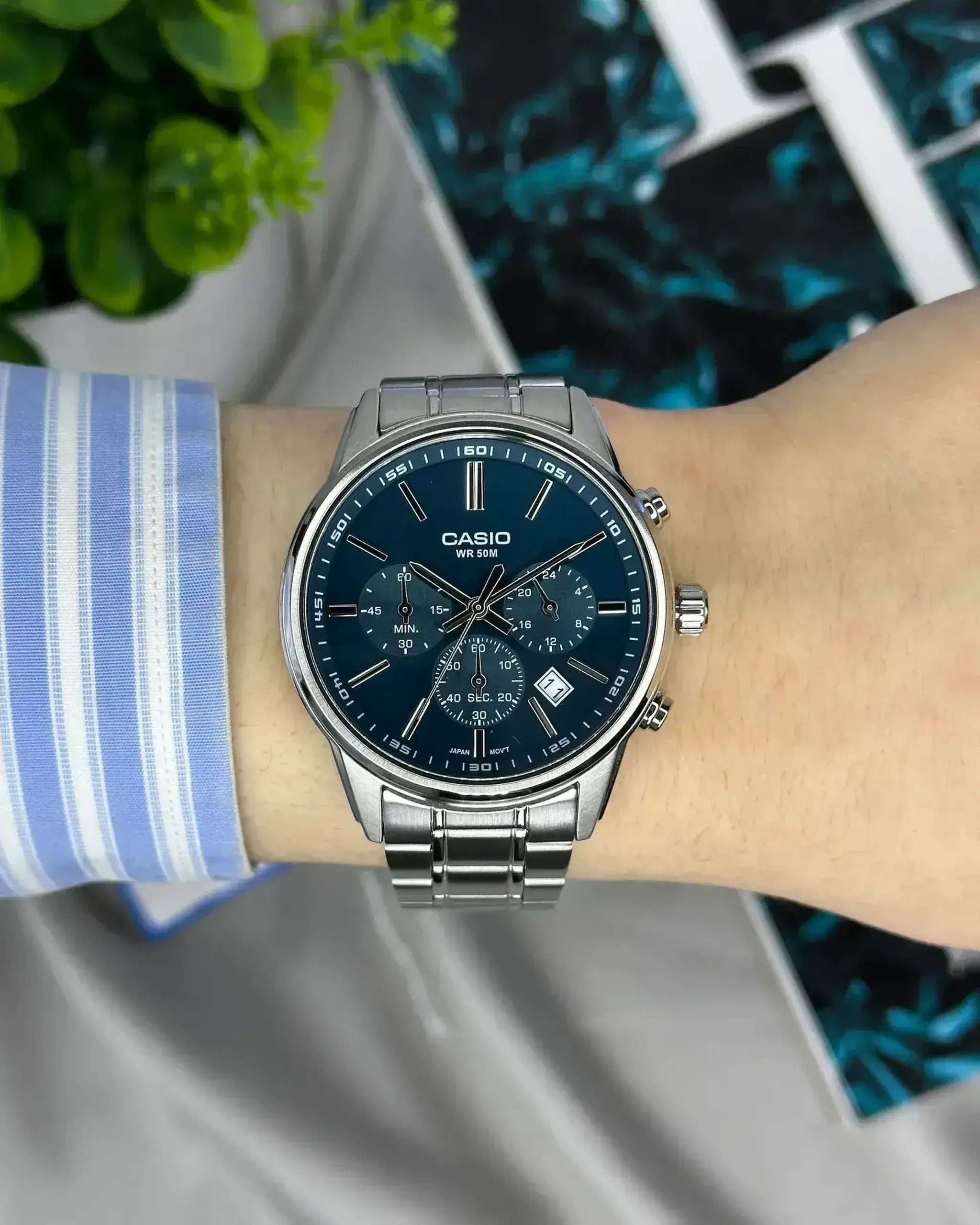 Casio MTP-E725D-3AVDF - Albastru Data, 24 h, Cronometru