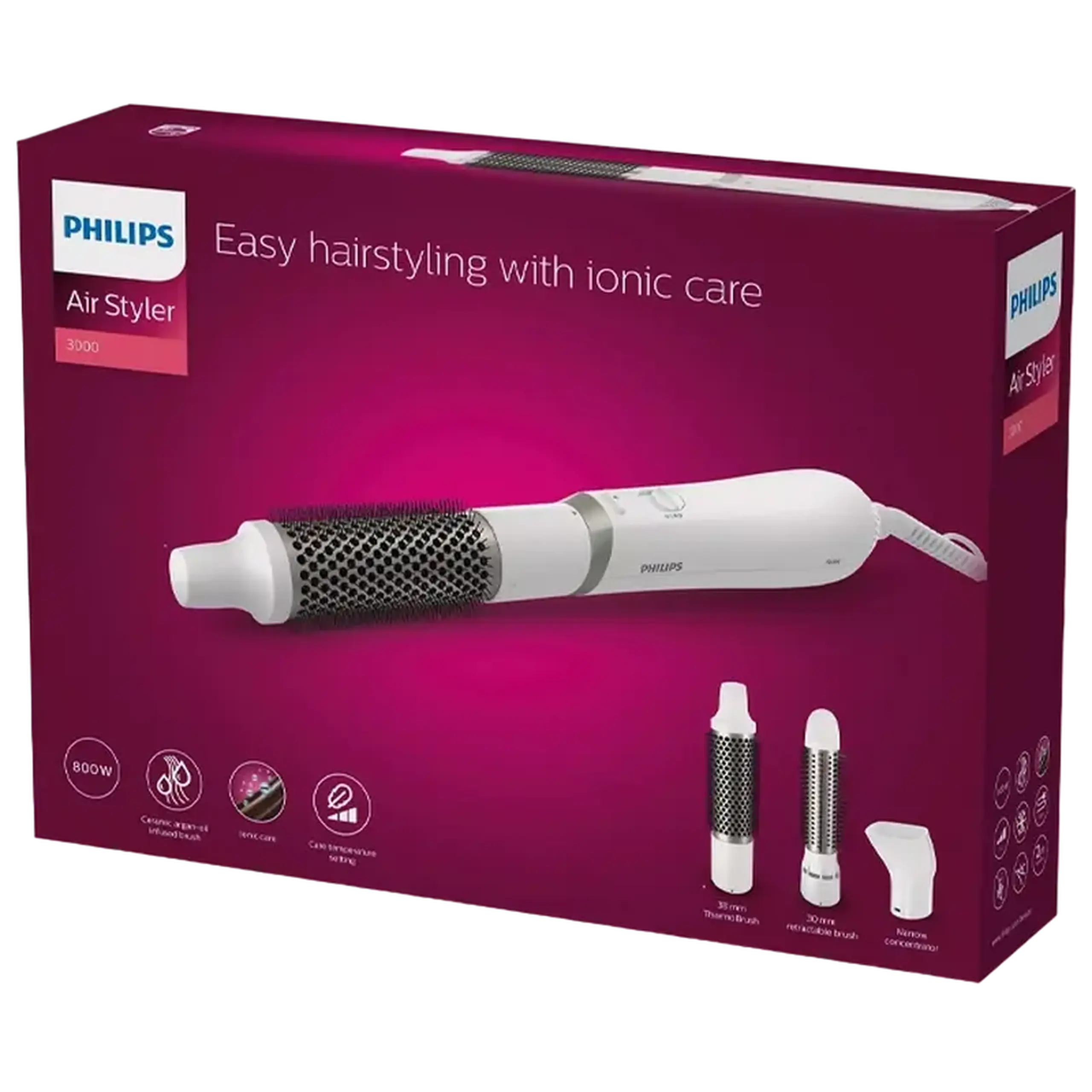 Uscător de păr-perie Philips BHA303/00, 800W, Alb