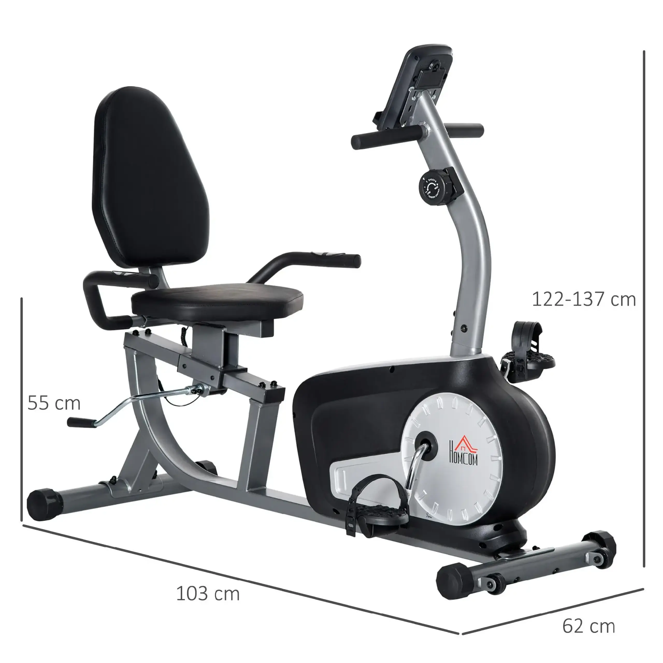 Bicicleta fitness Homcom, 8 nivele de rezistenta, Otel/ABS, Monitor LCD, 122-137x62x103 cm, Argintiu/Negru