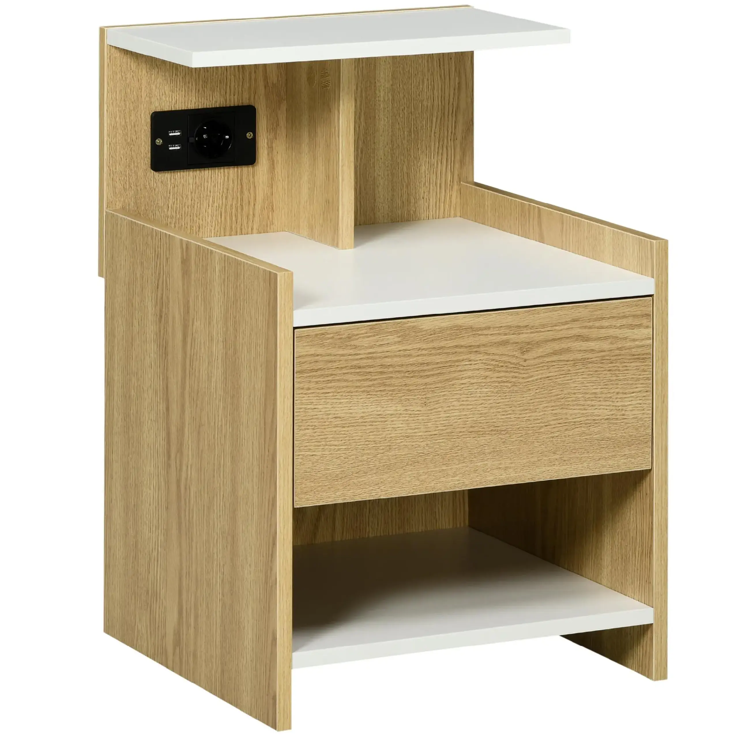 HOMCOM Noptiera moderna cu 2 Prize si iesiri USB si Sertar din PAL, 40x40x60cm, Culoare Lemn natur