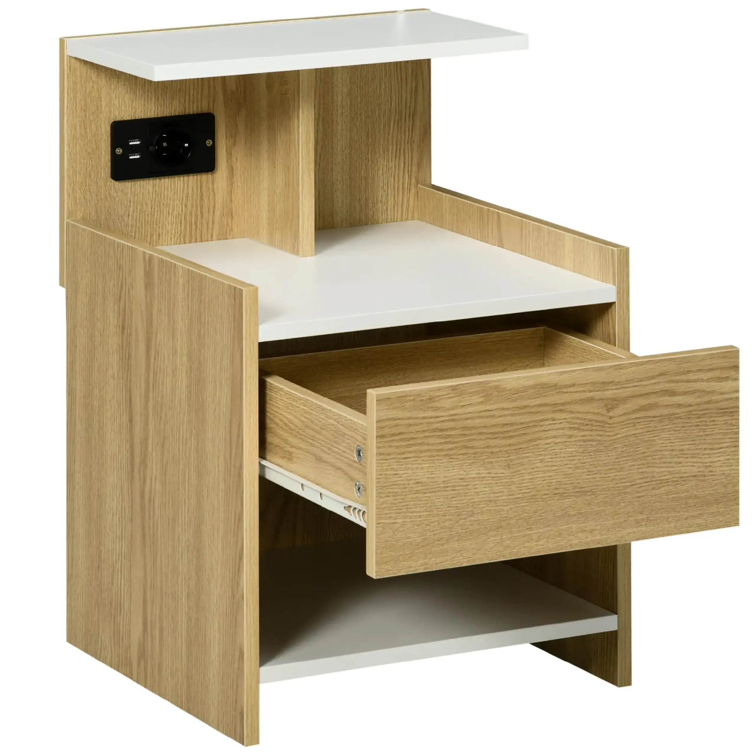 HOMCOM Noptiera moderna cu 2 Prize si iesiri USB si Sertar din PAL, 40x40x60cm, Culoare Lemn natur