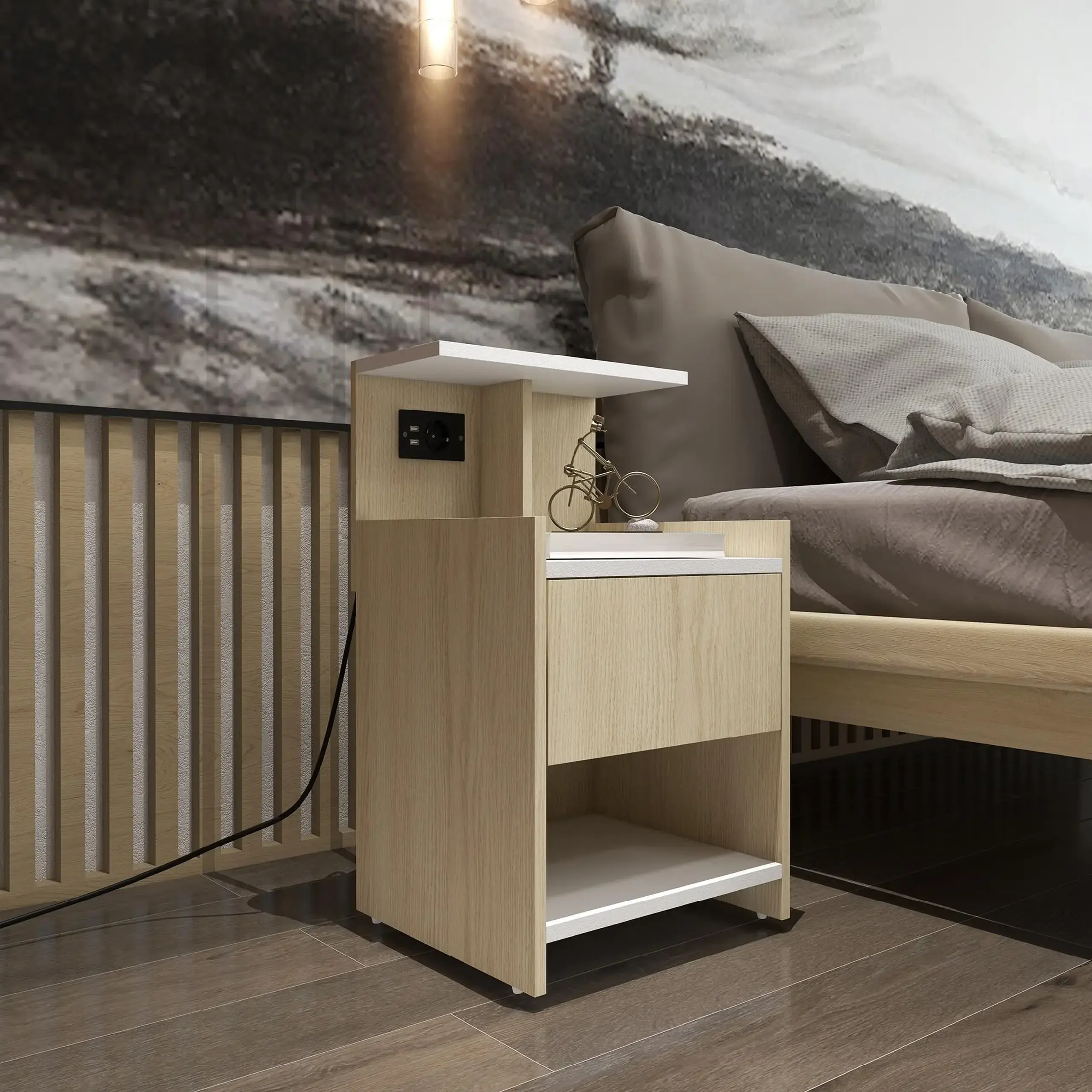 HOMCOM Noptiera moderna cu 2 Prize si iesiri USB si Sertar din PAL, 40x40x60cm, Culoare Lemn natur