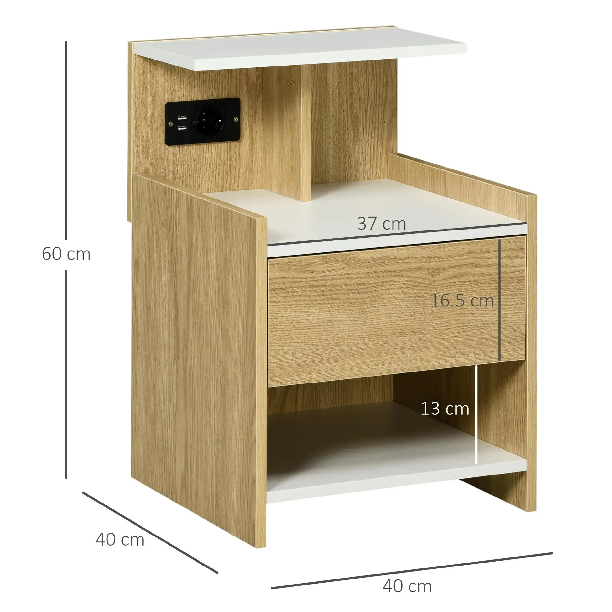 HOMCOM Noptiera moderna cu 2 Prize si iesiri USB si Sertar din PAL, 40x40x60cm, Culoare Lemn natur