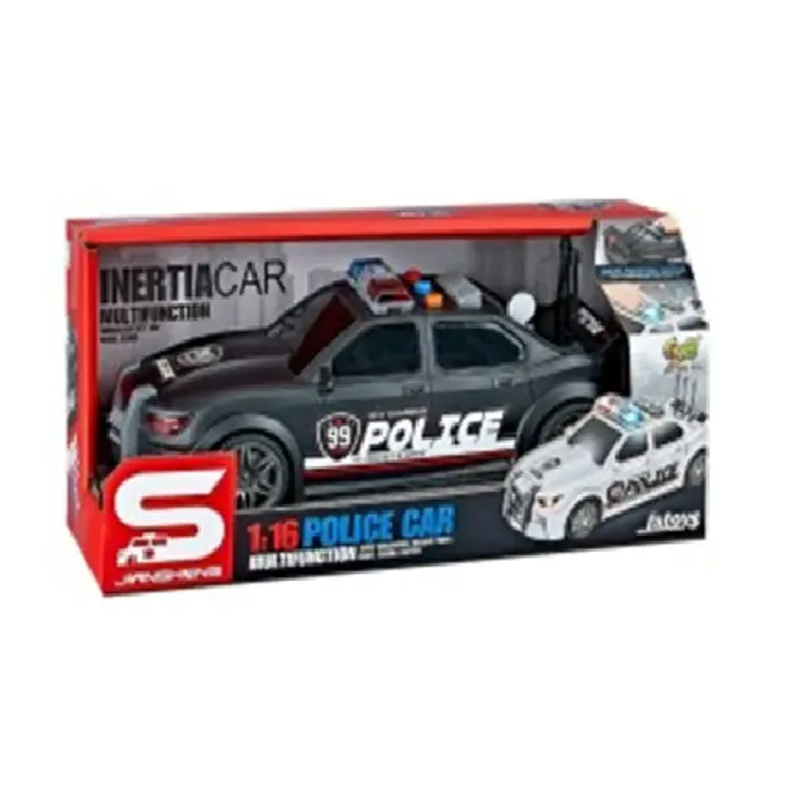 Masina de politie neagra, frictiune, portbagaj care se deschide, sunete si lumini, 1:16