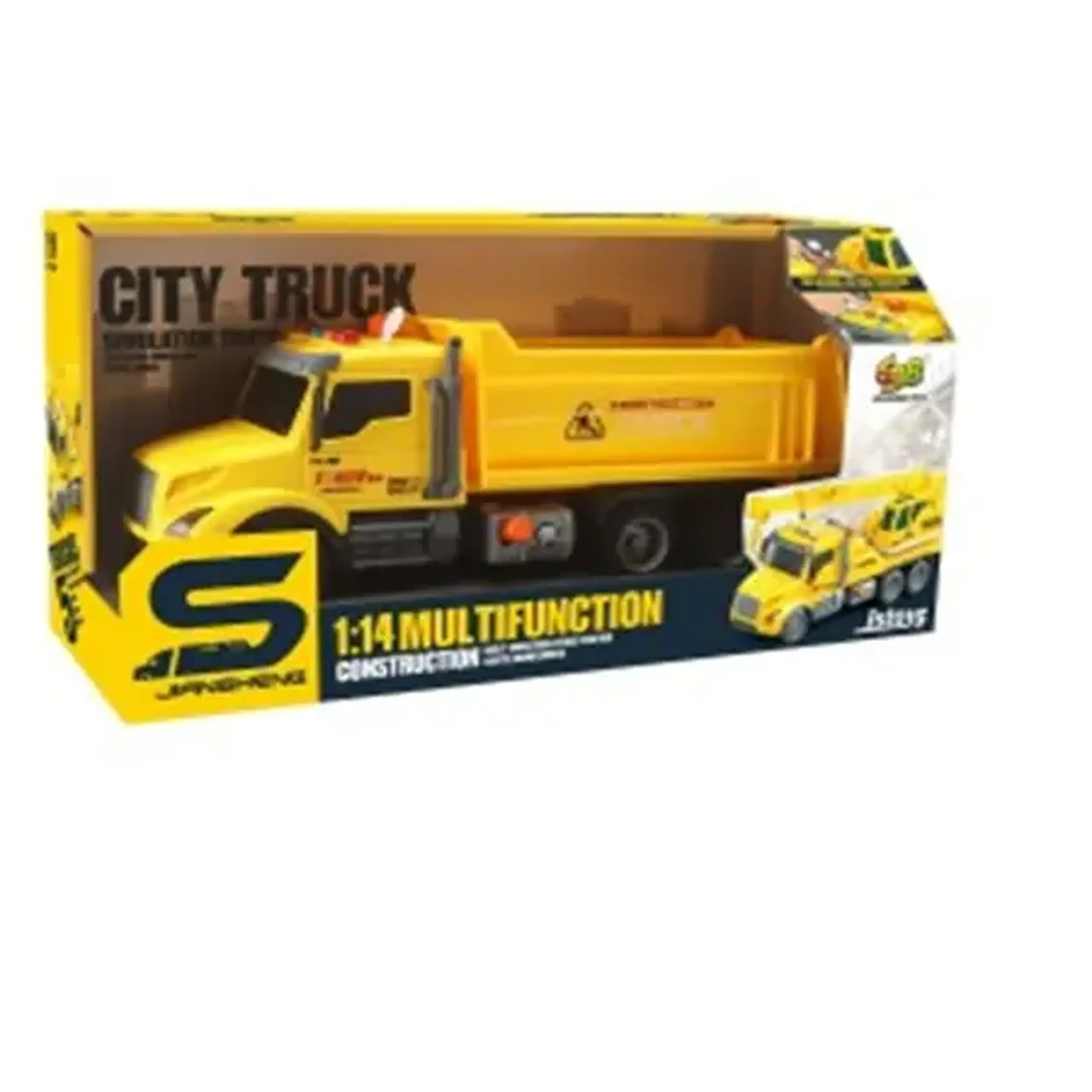 Camion basculanta galbena cu frictiune, buton presiune, sunete si lumini, 1:14