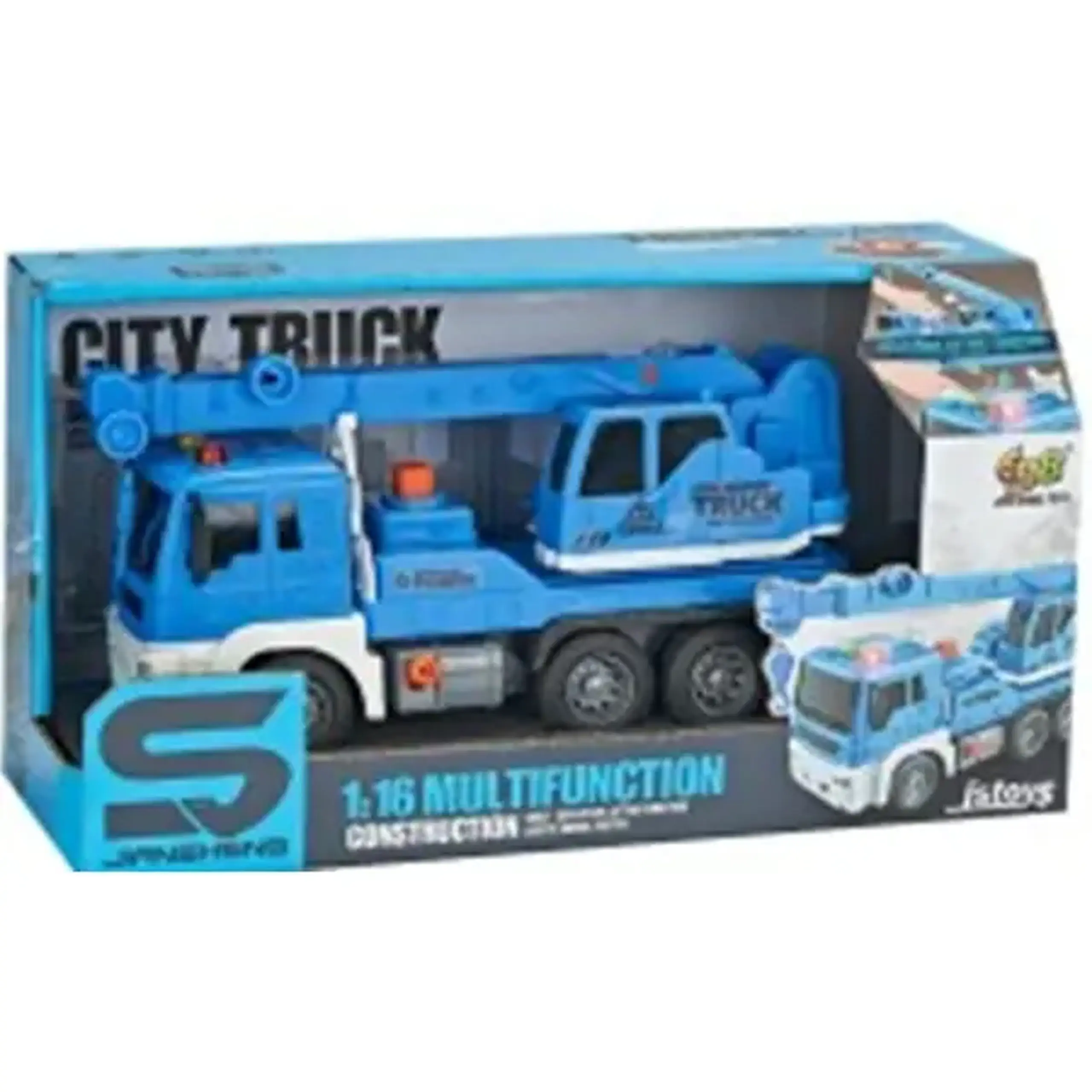 Jucarie Camion macara albastra cu frictiune, buton presiune, sunete si lumini, 1:16