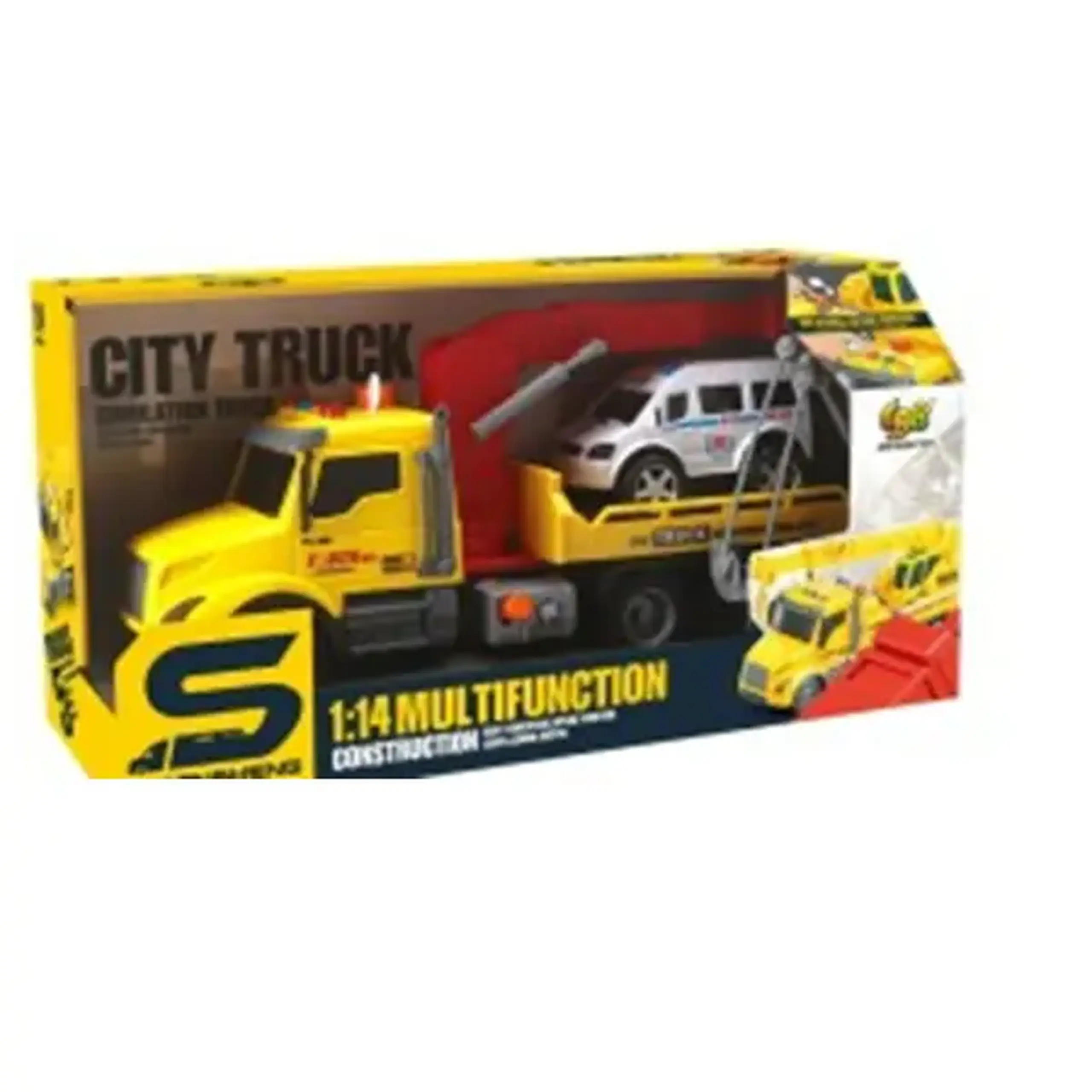 Camion evacuator galben cu frictiune, buton presiune, sunete si lumini, 1:14