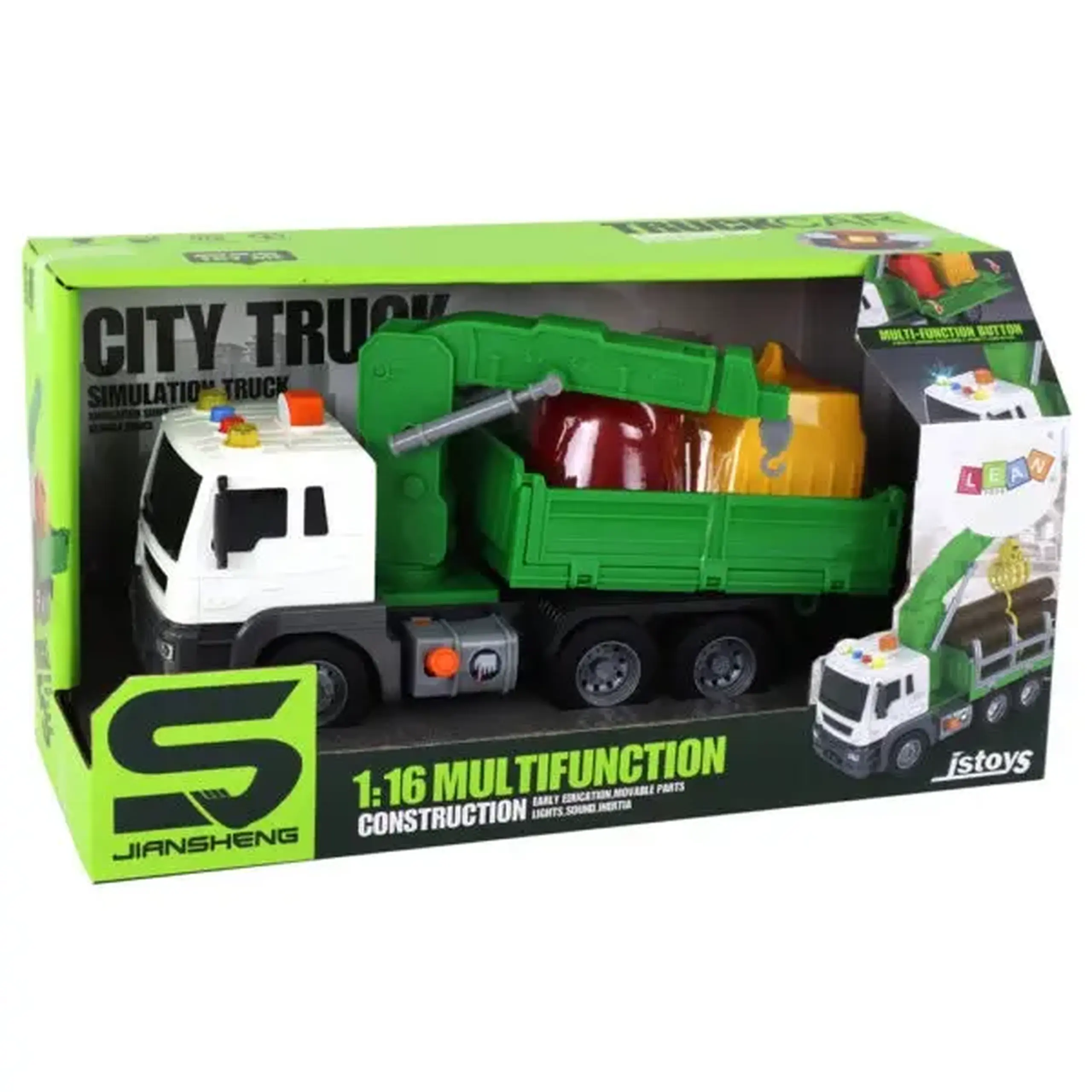 Jucarie Camion Sortator de gunoi cu frictiune si buton presiune, sunete si lumini, 1:16
