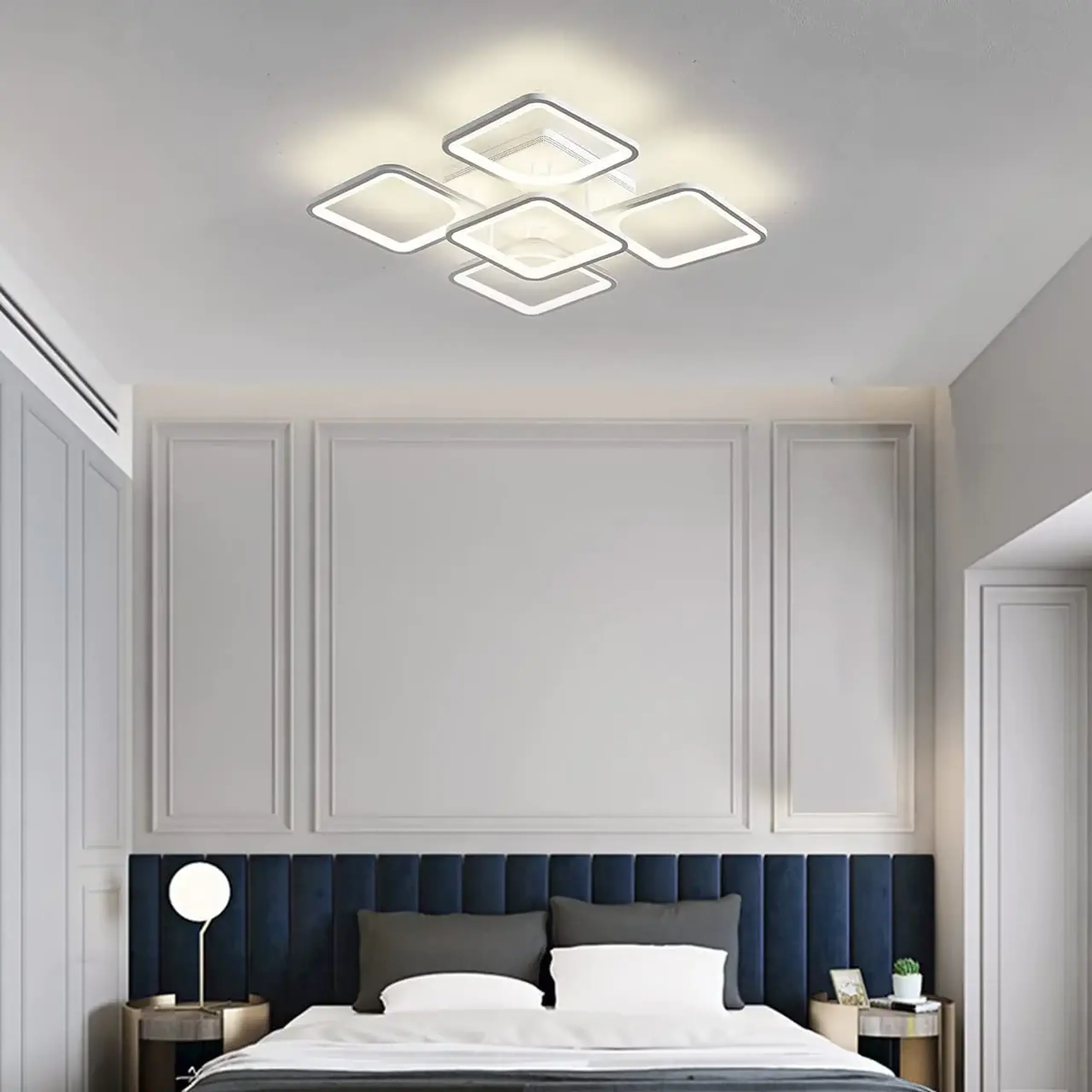 Lustra LED integrat SLC Selino Concept Quadrato 4+1, 76-152W, cu aplicatie telefon, telecomanda, lumina calda/neutra/rece, intensitate reglabila, 39 cm, Alb
