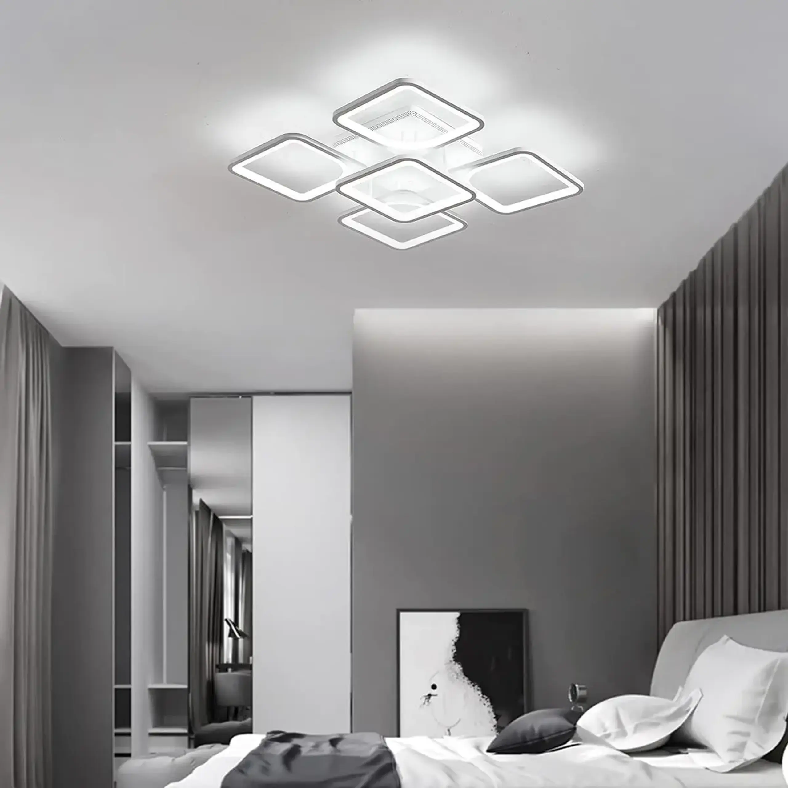 Lustra LED integrat SLC Selino Concept Quadrato 4+1, 76-152W, cu aplicatie telefon, telecomanda, lumina calda/neutra/rece, intensitate reglabila, 39 cm, Alb