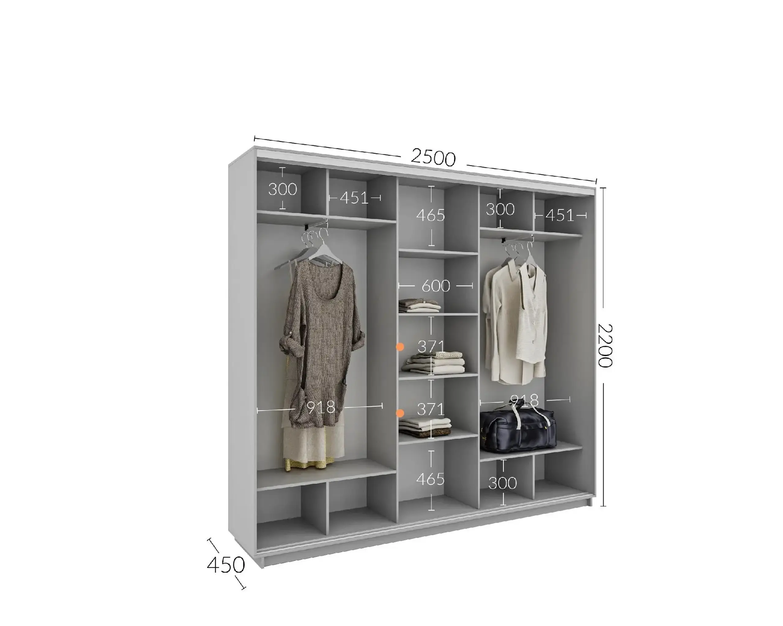 Dulap Cupe 4home, 2 Usi PAL 1Oglinda, Gri Grafit, 250x45x220 cm