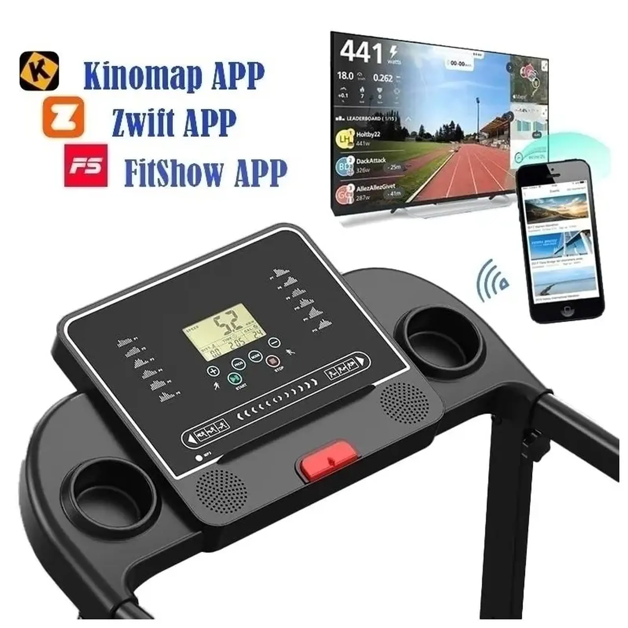 Banda de alergare electrica FitTronic K1100, motor de 2.5 CP, greutate suportata 110 kg, 4 moduri de alergare pana la 12 km/h, muzica prin Bluetooth, control cu smartphone prin aplicatii: Fitshow, Kinomap, Zwift