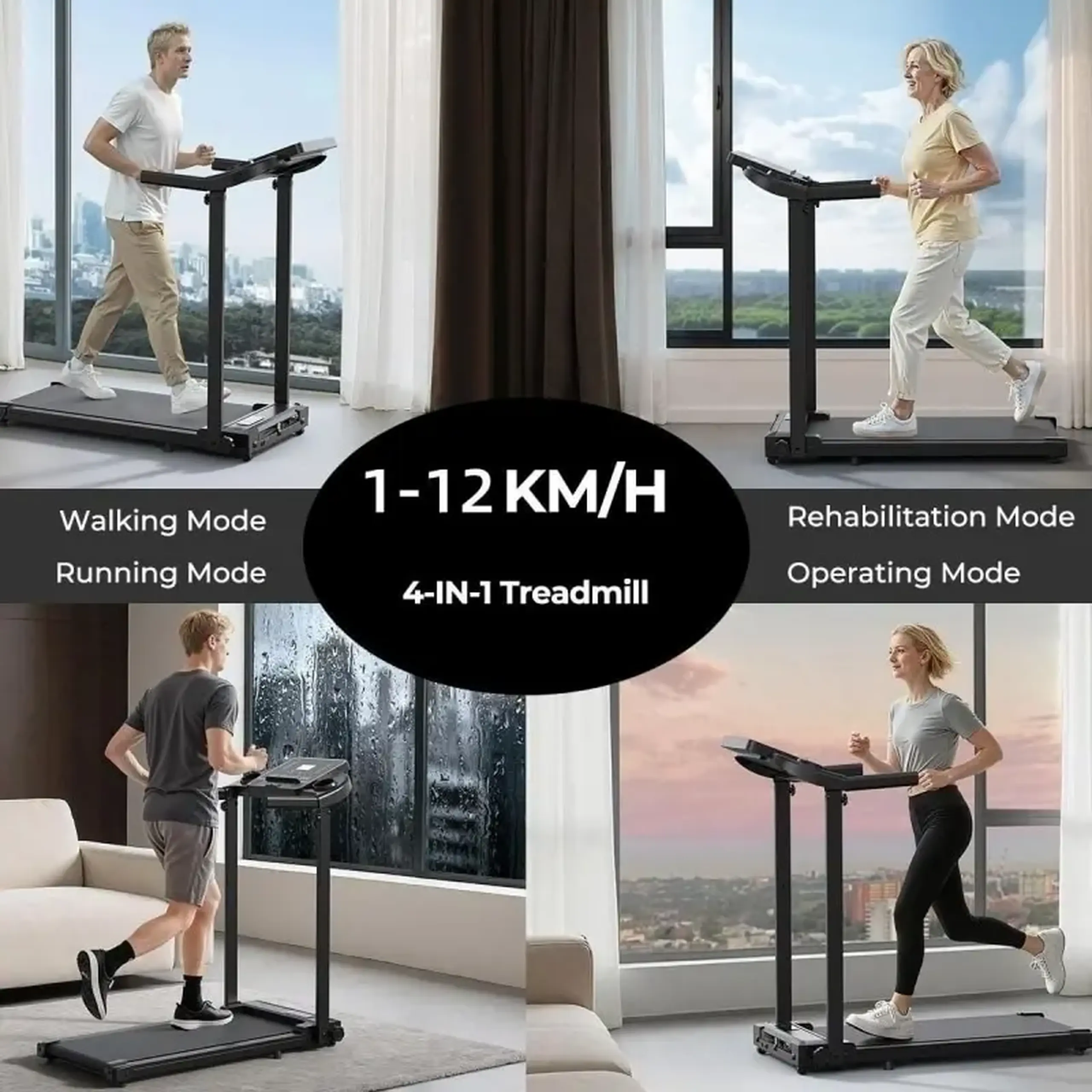 Banda de alergare electrica FitTronic K1100, motor de 2.5 CP, greutate suportata 110 kg, 4 moduri de alergare pana la 12 km/h, muzica prin Bluetooth, control cu smartphone prin aplicatii: Fitshow, Kinomap, Zwift