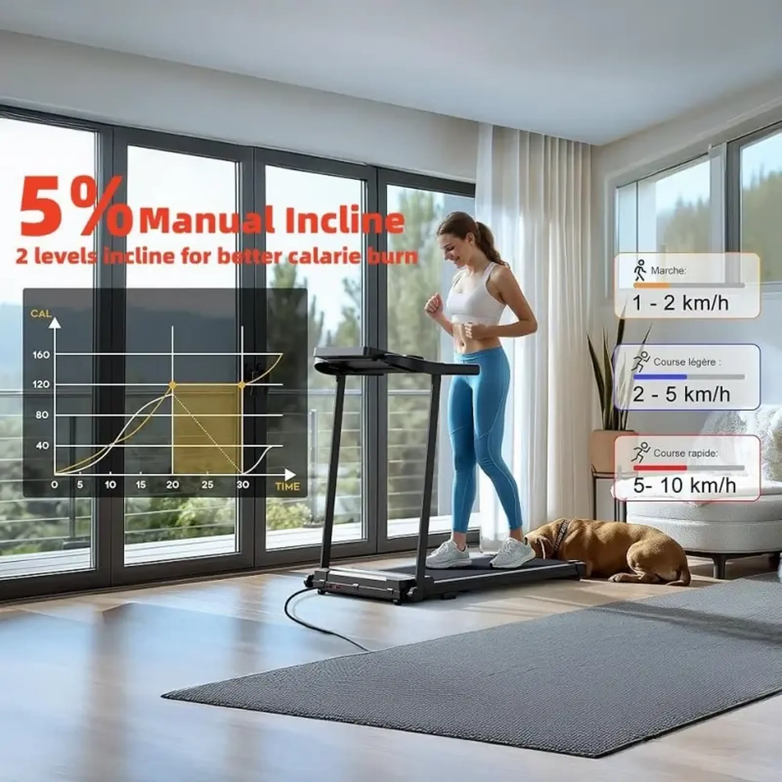 Banda de alergare electrica FitTronic K1100, motor de 2.5 CP, greutate suportata 110 kg, 4 moduri de alergare pana la 12 km/h, muzica prin Bluetooth, control cu smartphone prin aplicatii: Fitshow, Kinomap, Zwift