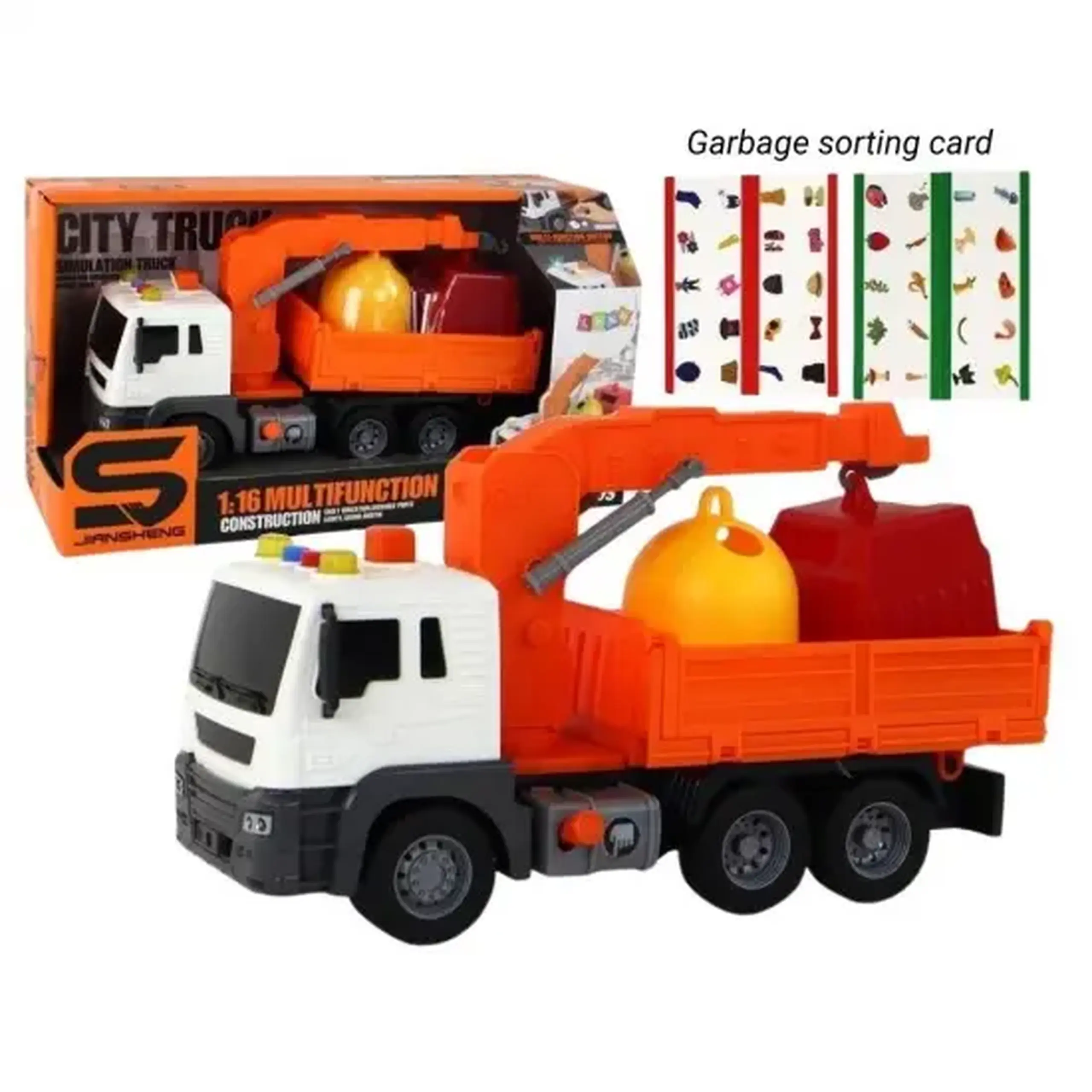 Camion de gunoi sortator portocaliu cu frictiune, buton de presiune