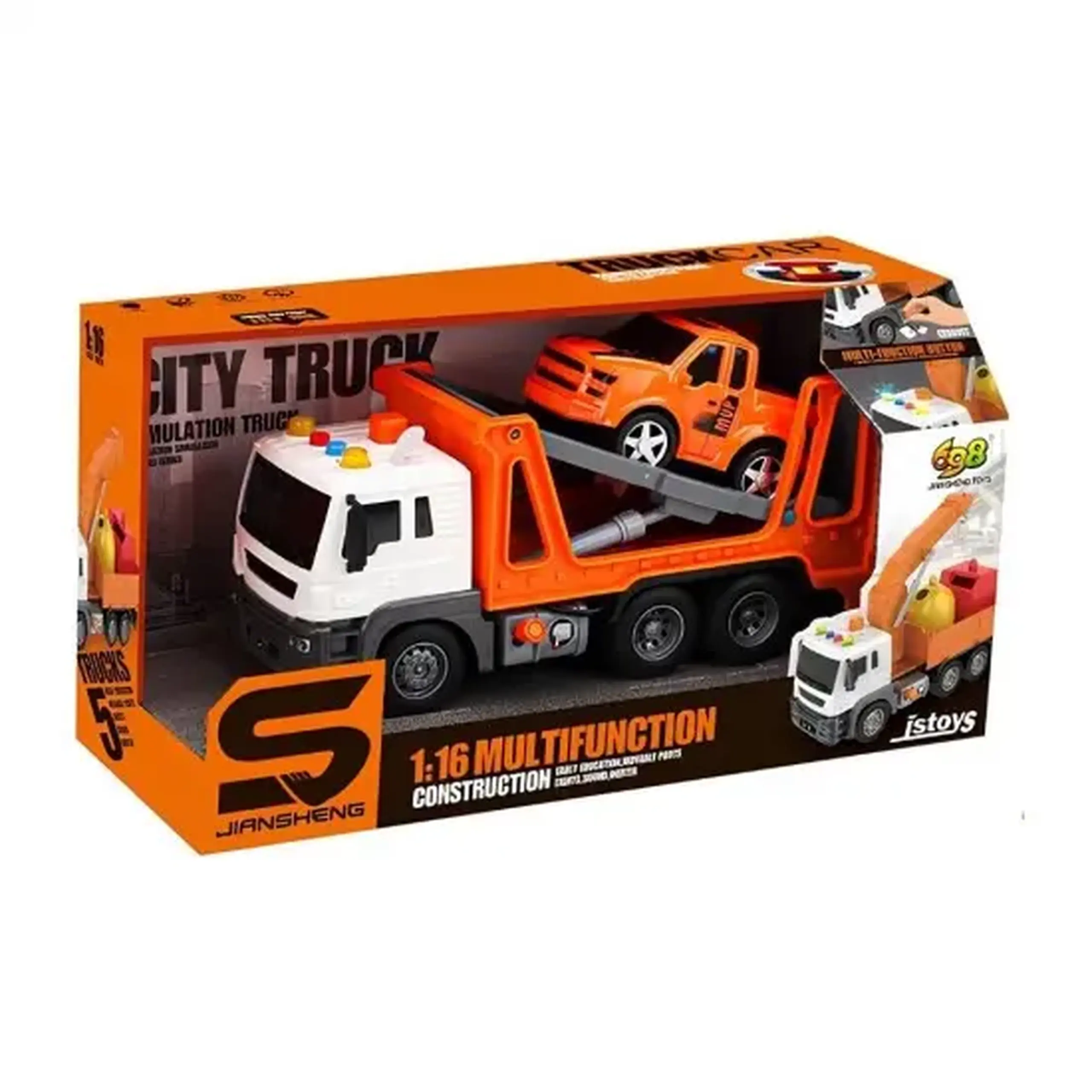 Camion de tractare portocaliu cu masina1:16, cu frictiune, buton de presi81515