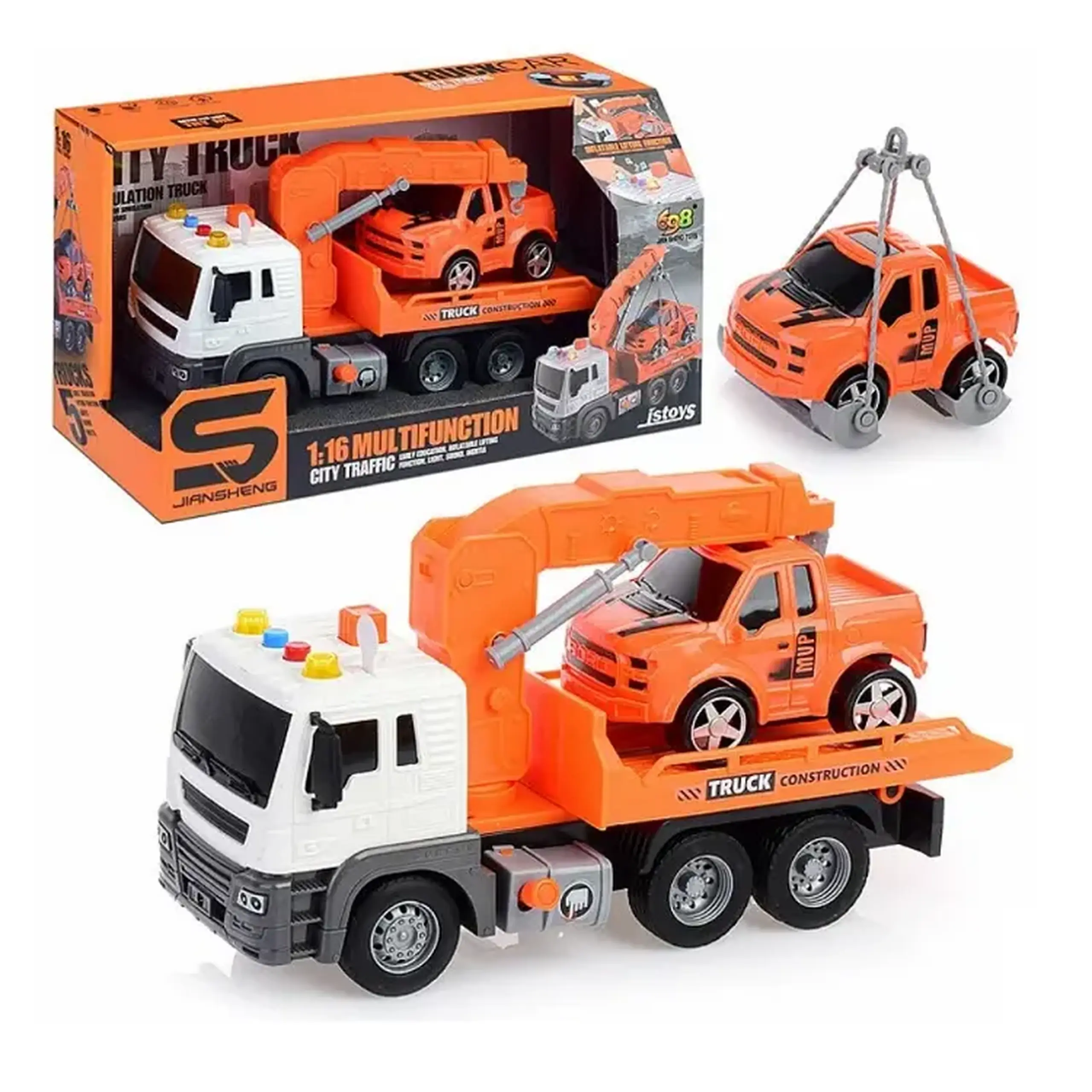 Camion de tractare portocaliu cu macara cu frictiune,buton de pres81501