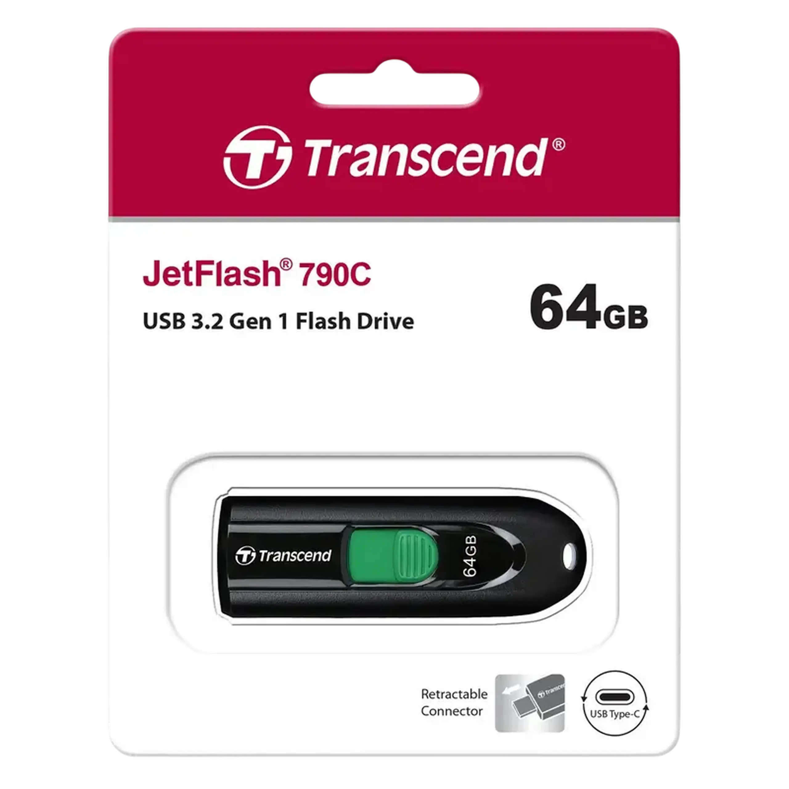 64GB USB-C Flash Drive Transcend "JetFlash 790C", Black, Slider (USB 3.0 (5Gb/s), R/W:90/30MB/s, 6