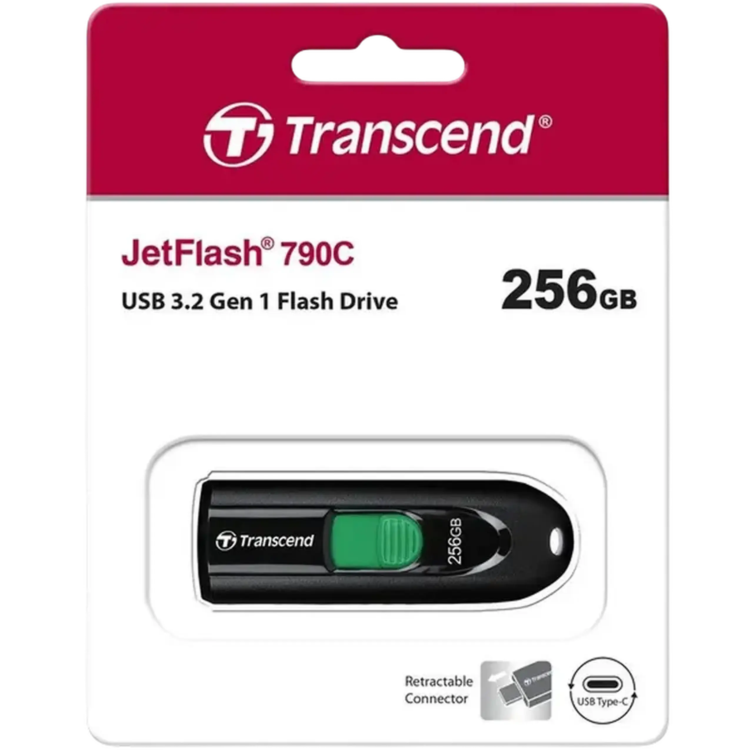 256GB USB-C Flash Drive Transcend "JetFlash 790C", Black, Slider (USB 3.0 (5Gb/s), R/W:90/45MB/s, 6