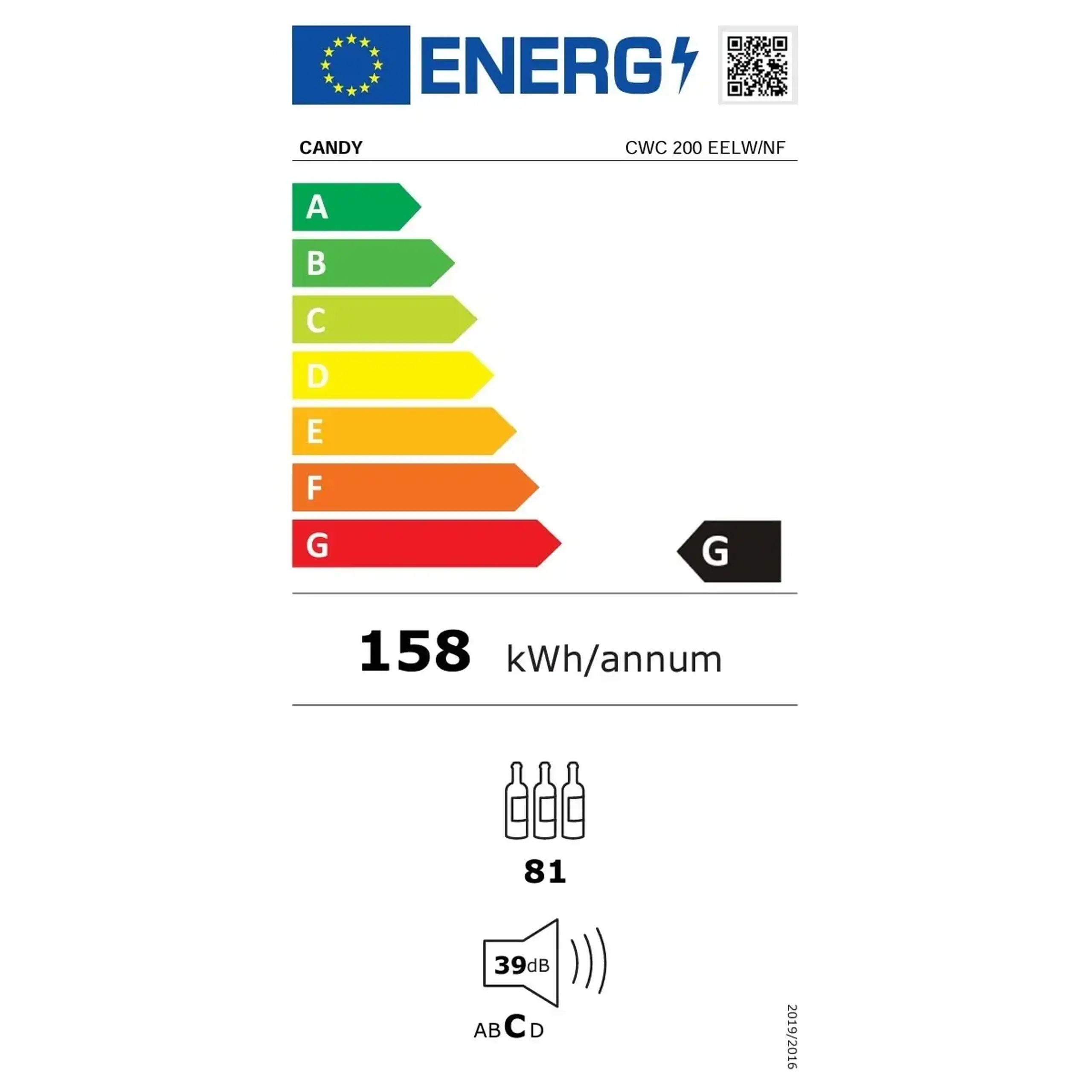 Candy CWC 200 EELW/NF Racitor de vin, M: 146 cm, 81 sticle, clasa energetica G, Negru