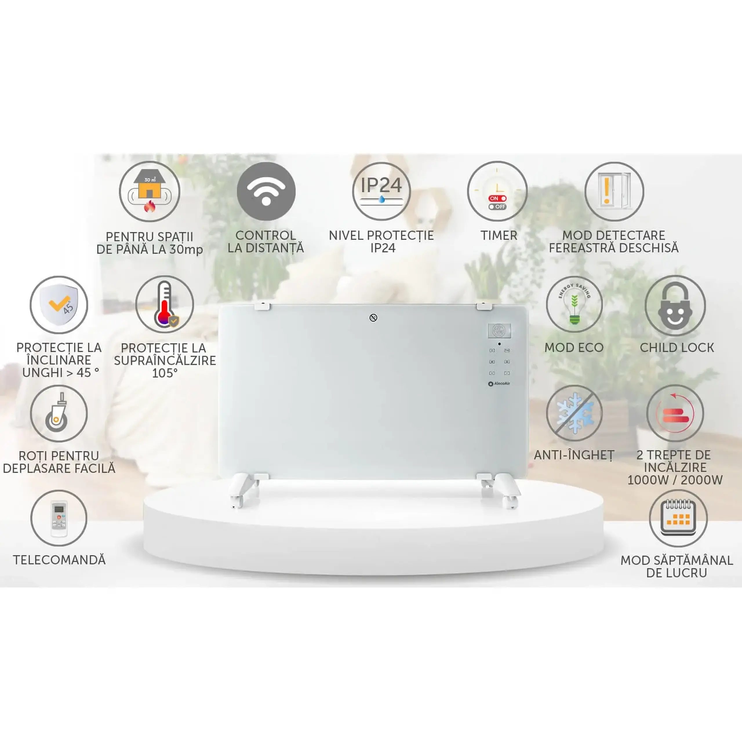 Convector electric AlecoAir C20 Heatix alb, WiFi, pentru 30mp, 2000W, 2 trepte incalzire, IP24, Aplicatie