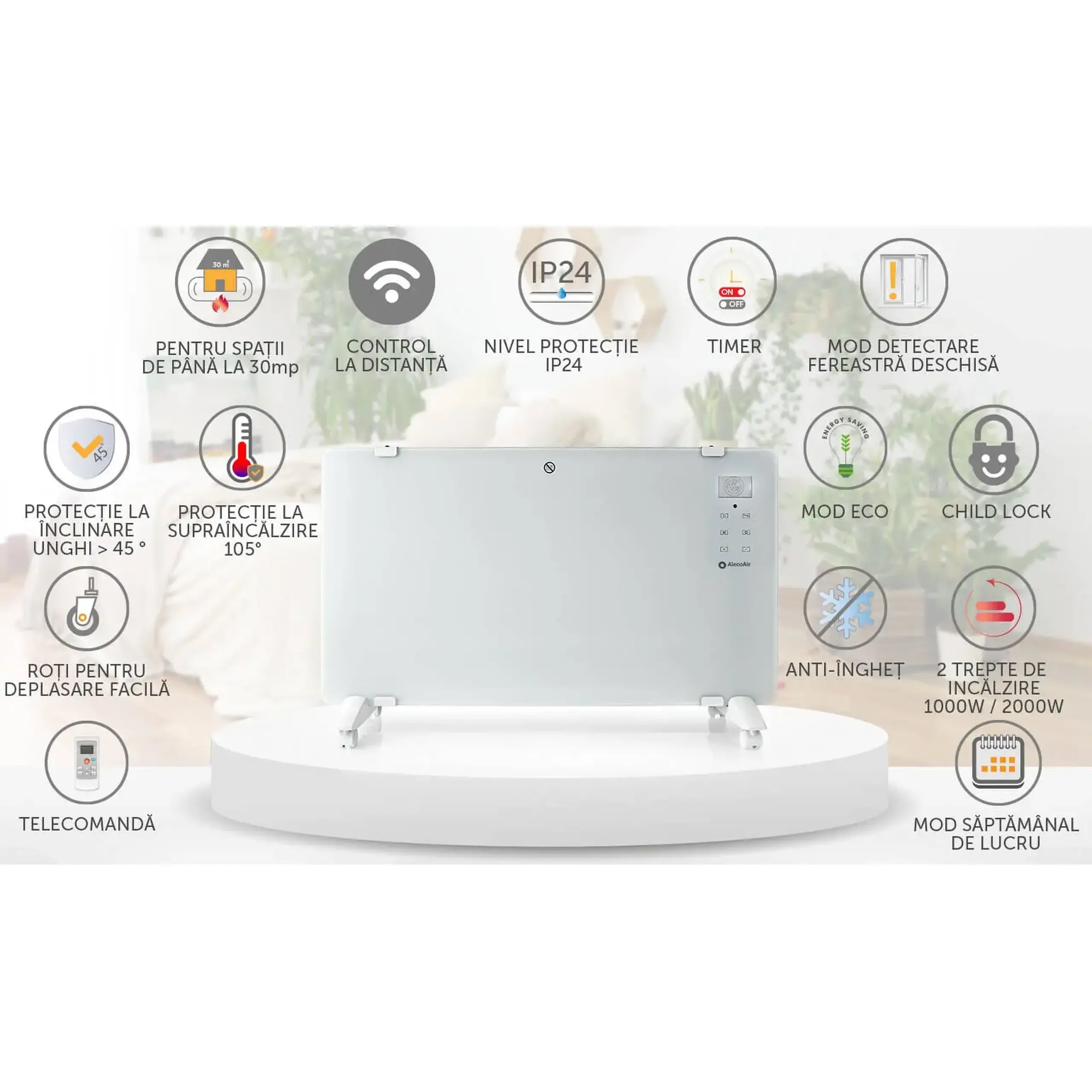 Convector electric AlecoAir C20 Heatix alb, WiFi, pentru 30mp, 2000W, 2 trepte incalzire, IP24, Aplicatie