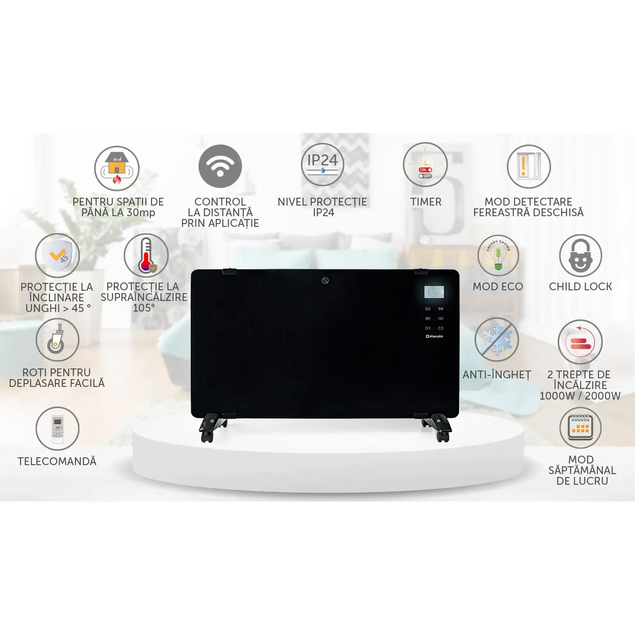 Convector electric AlecoAir C20 Heatix negru, WiFi, pentru 30 mp, 2000W, 2 trepte incalzire, IP24, Aplicatie, Negru