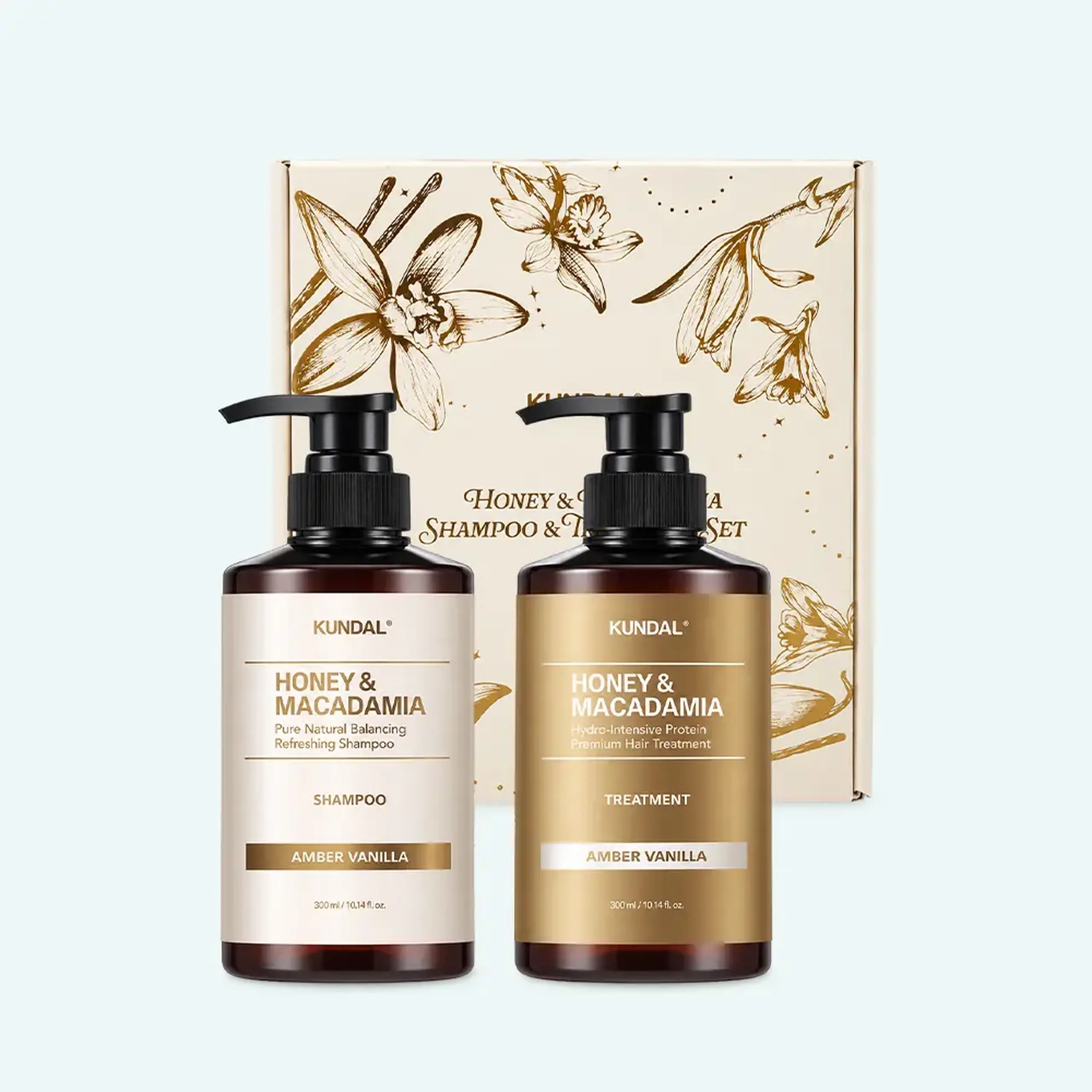 Kundal AMBER VANILLA EDITION HONEY & MACADAMIA SHAMPOO + TREATMENT SET 300+300ml