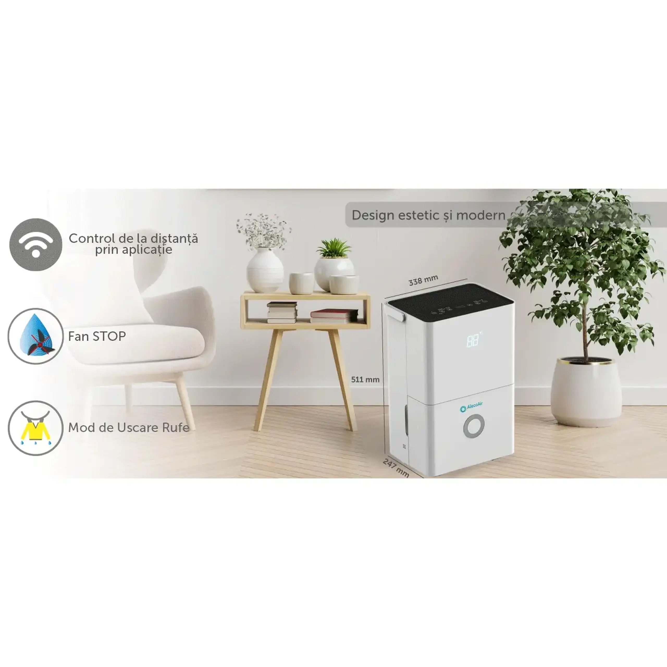 Dezumidificator AlecoAir D20 GRANDE, Wi-Fi, 20 L/ zi, Mod Uscare Rufe, Display digital, Higrostat, Alb