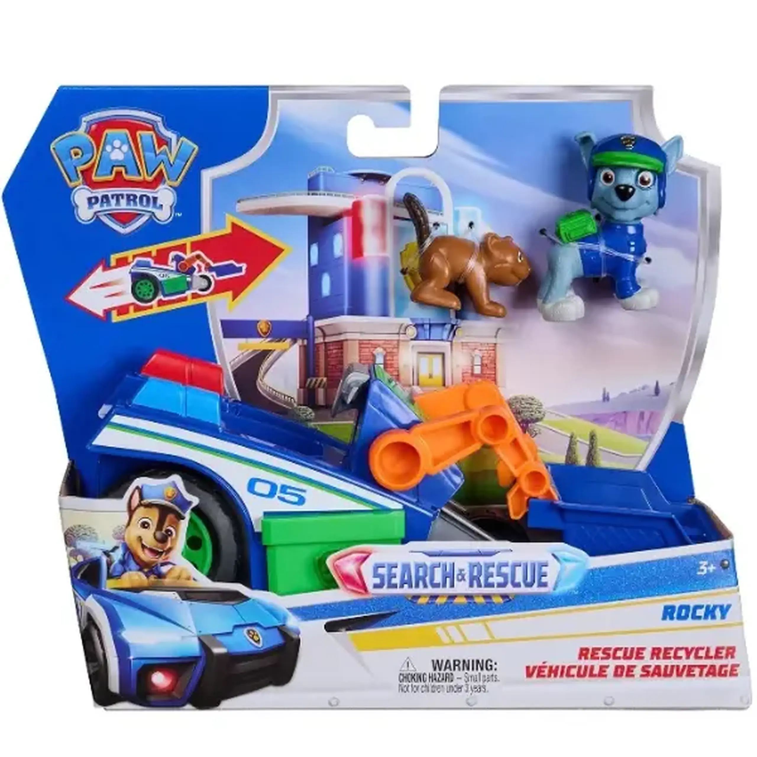Set de joacă „Patrula Cățelușilor: Căutare și salvare” Rocky cu mașinuță și 2 figurine