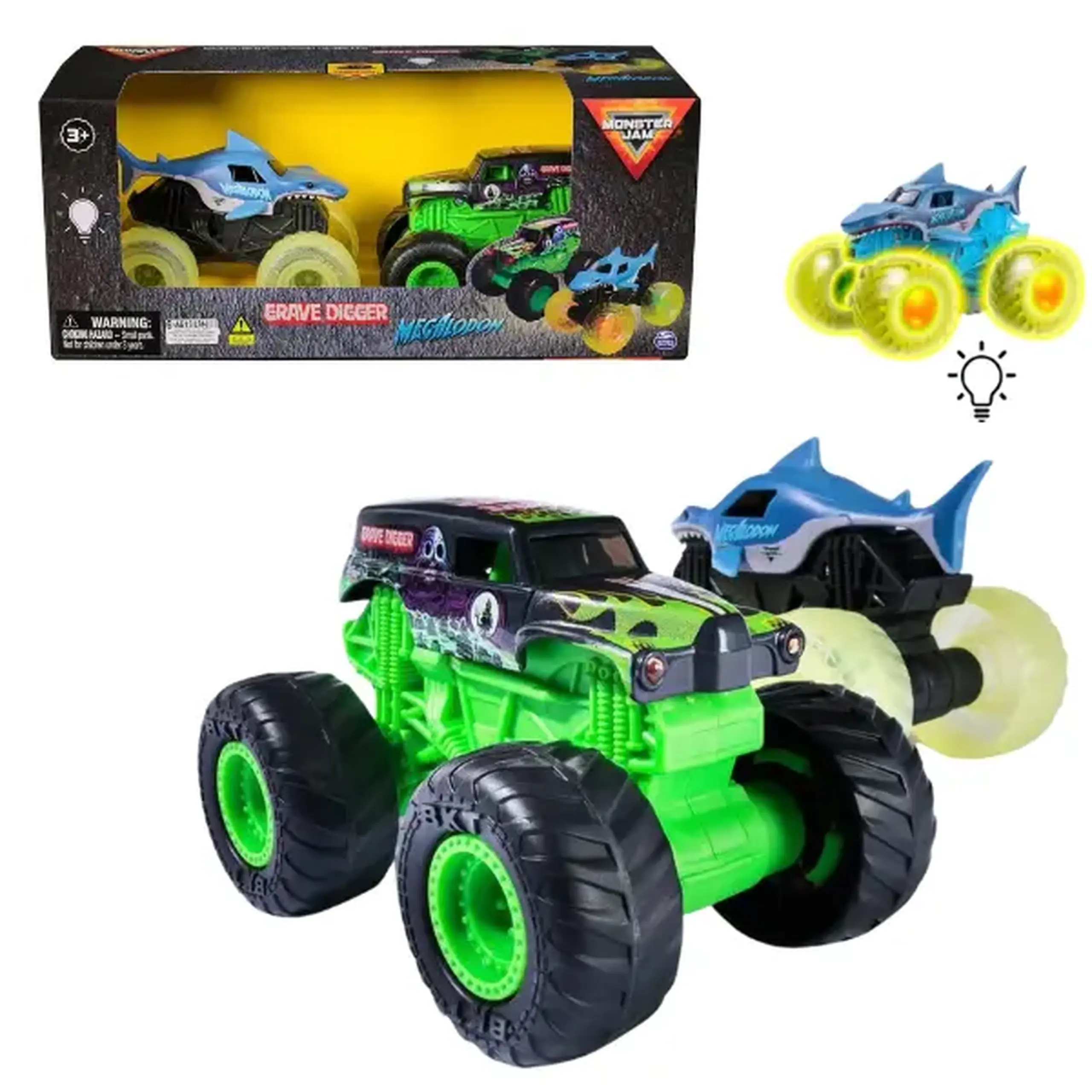 1:43 Set mașinuțe metalice Monster Jam Grave Digger și Megalodon cu efecte luminoase