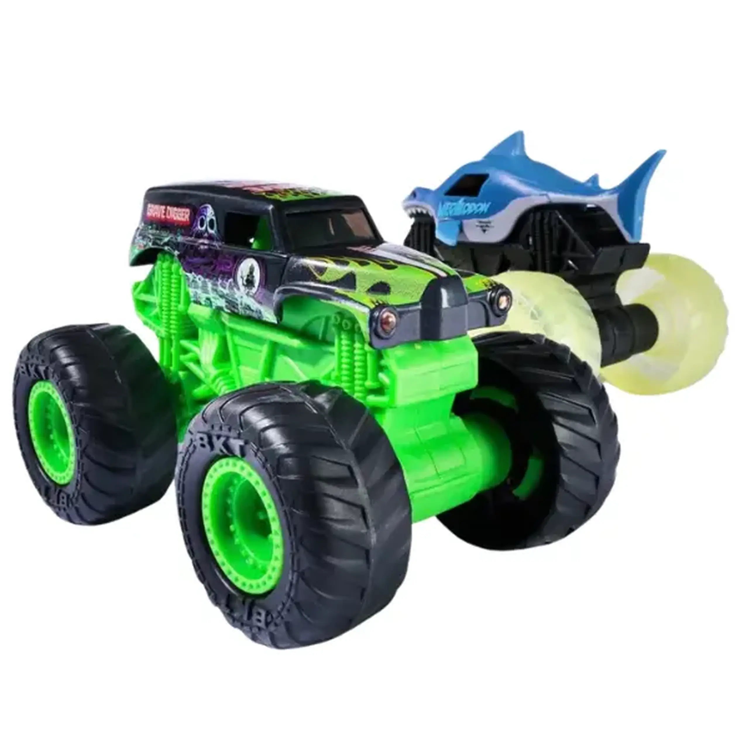 1:43 Set mașinuțe metalice Monster Jam Grave Digger și Megalodon cu efecte luminoase