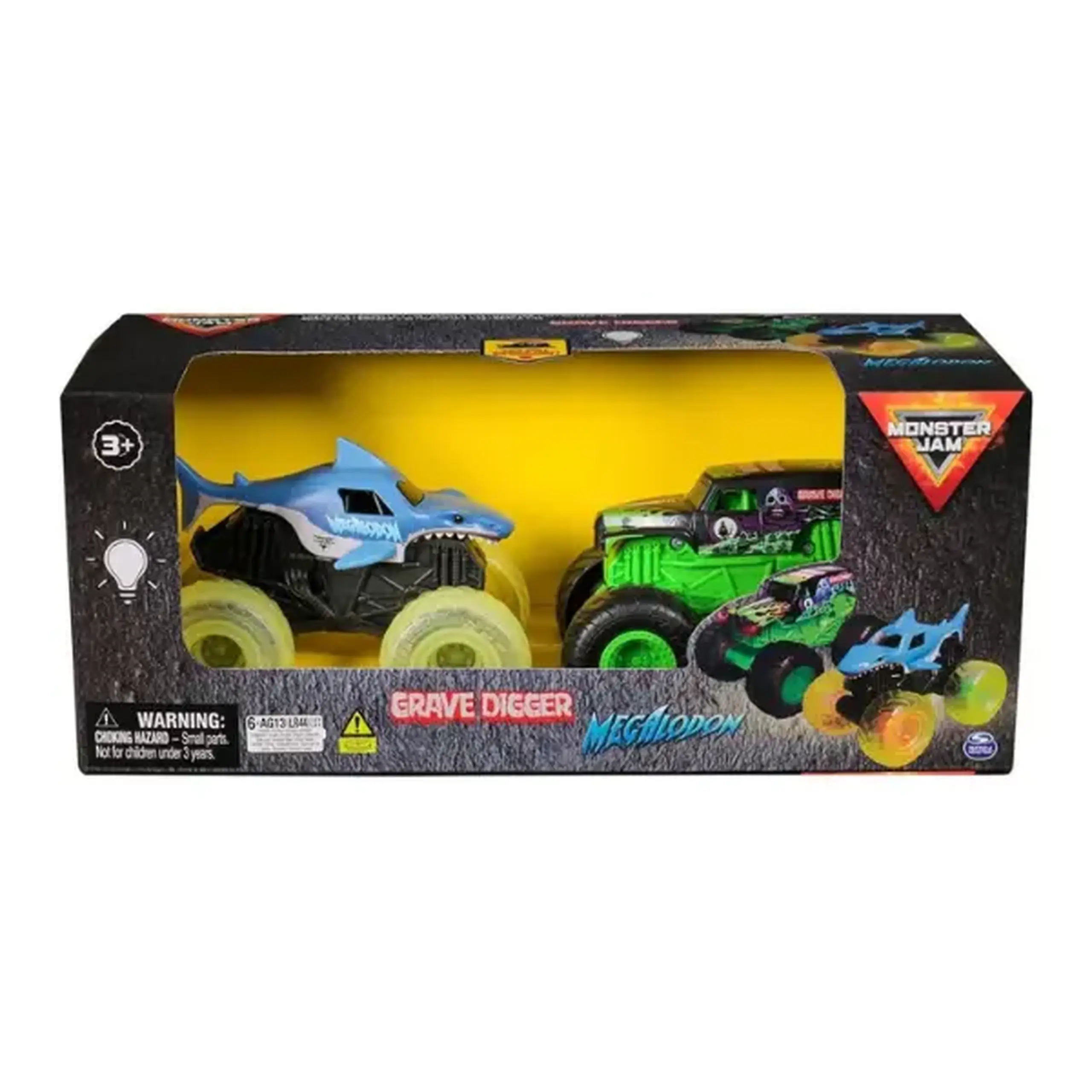 1:43 Set mașinuțe metalice Monster Jam Grave Digger și Megalodon cu efecte luminoase