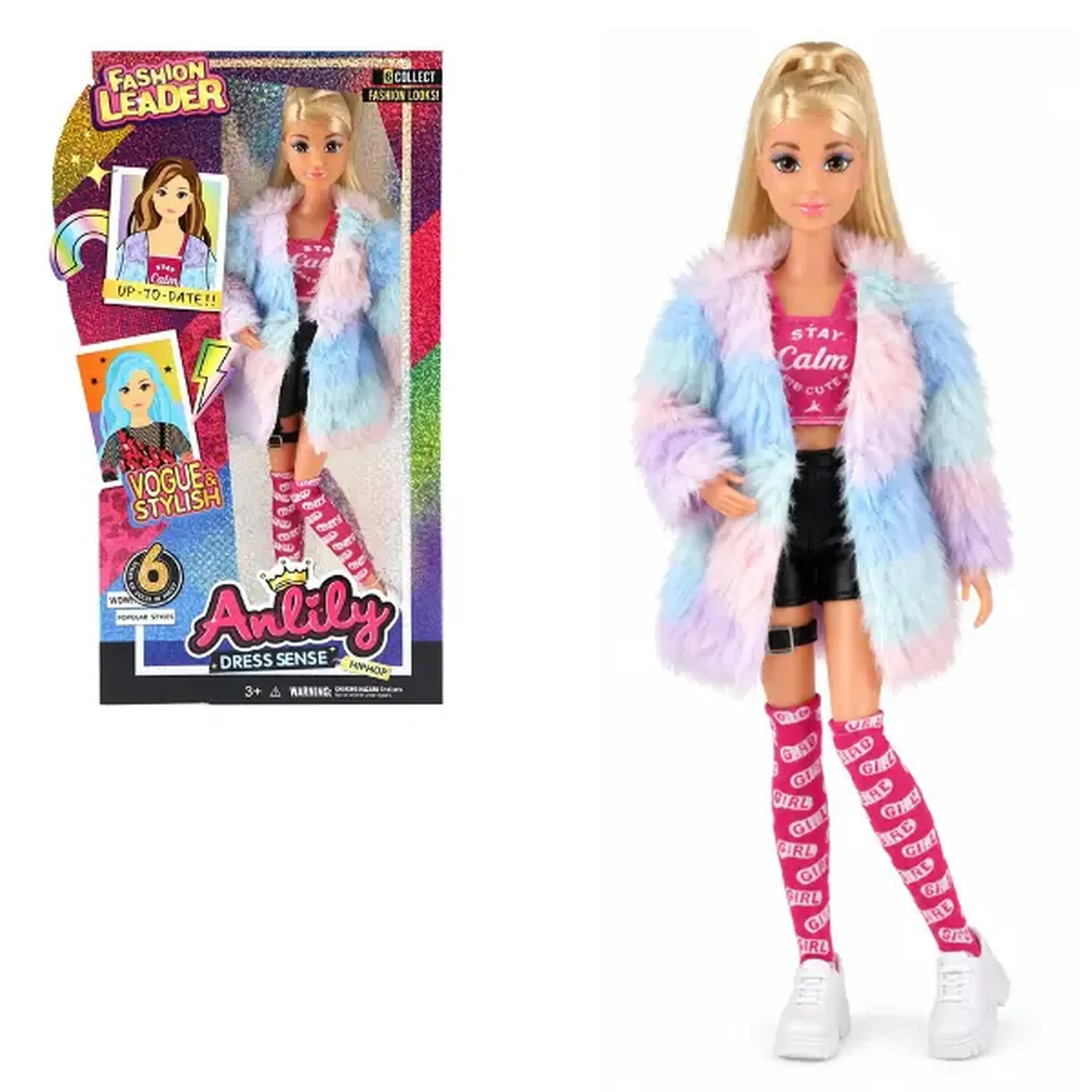 Păpușă fashion cu haină pufoasă, 29 cm