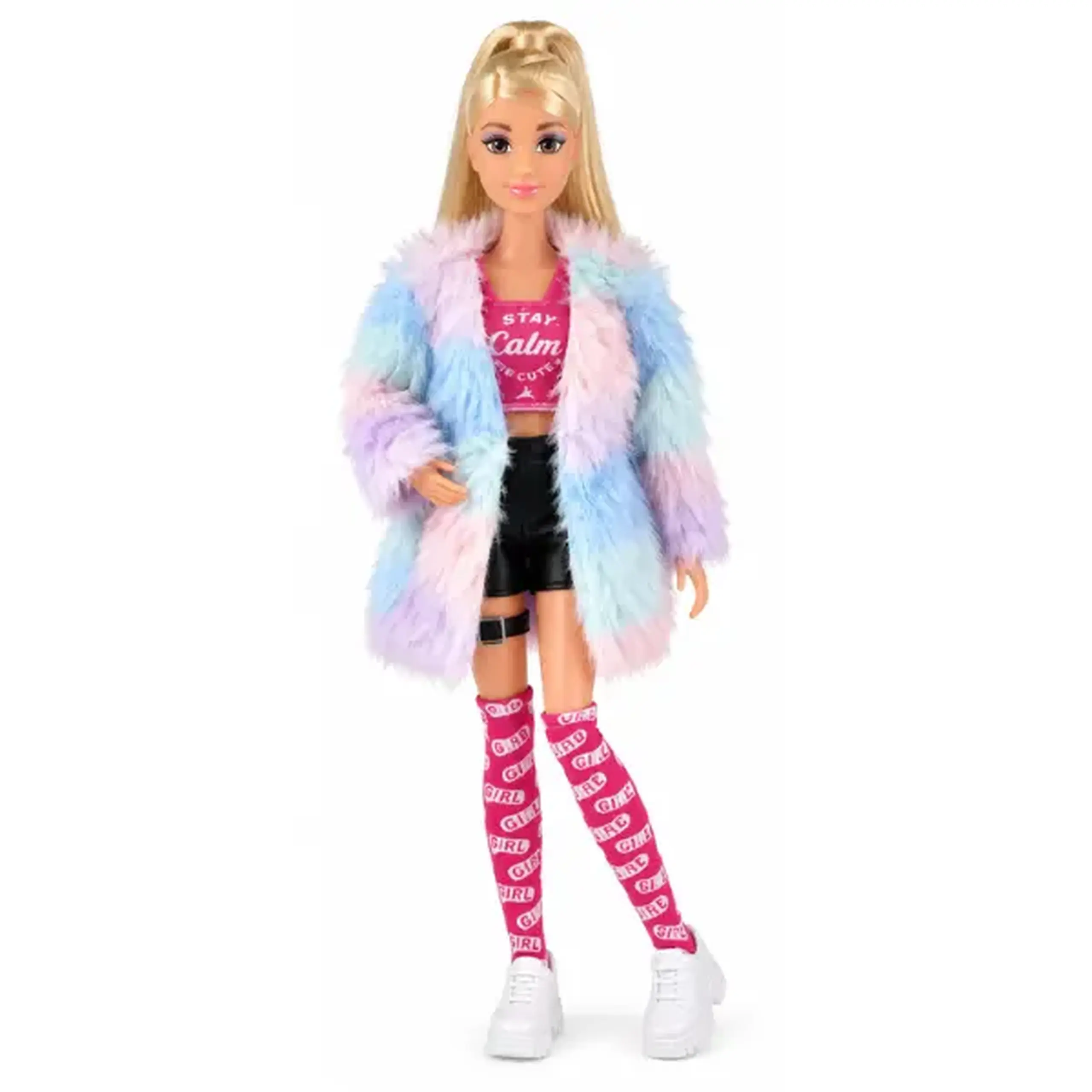 Păpușă fashion cu haină pufoasă, 29 cm