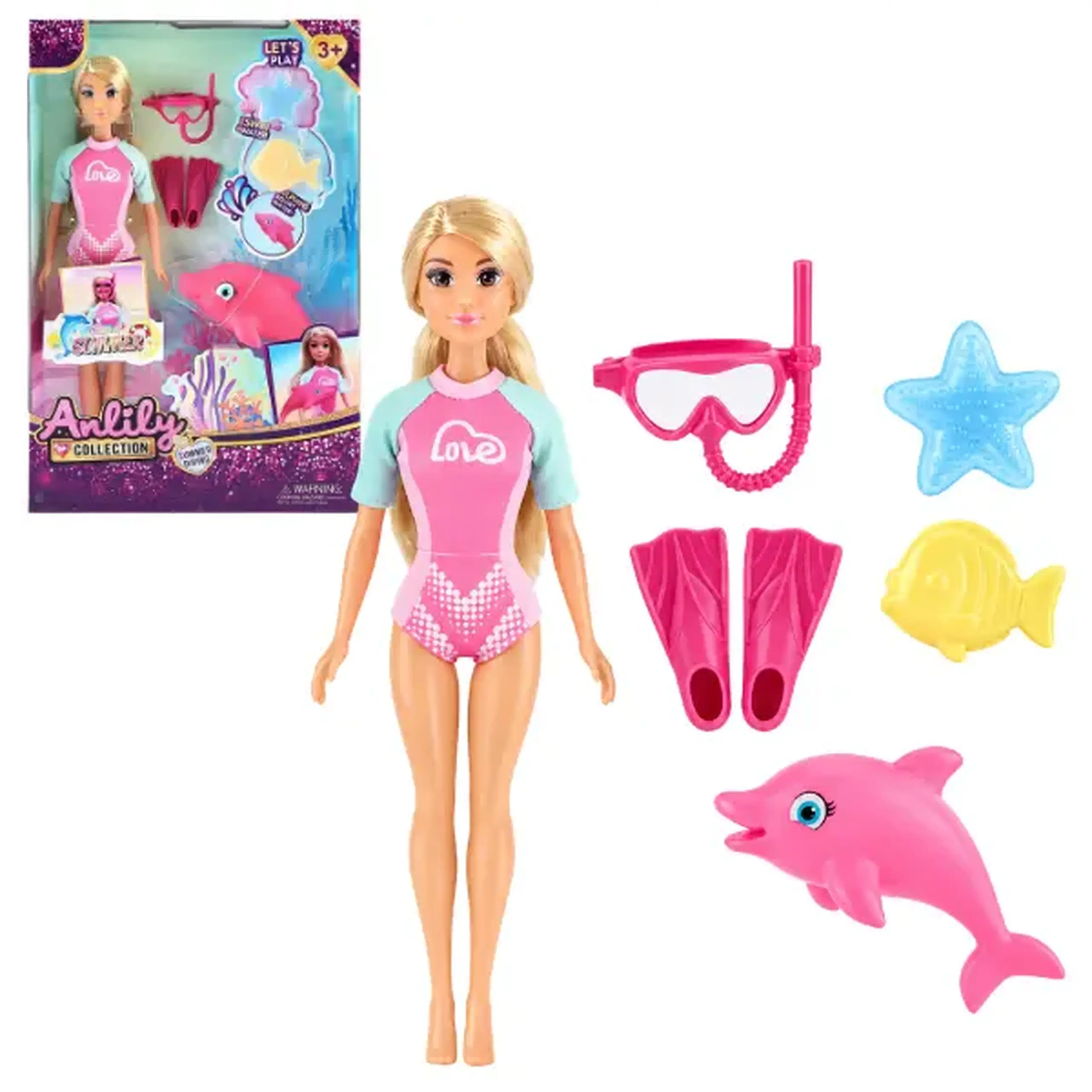 Păpușă înotătoare cu delfin și accesorii, 29 cm