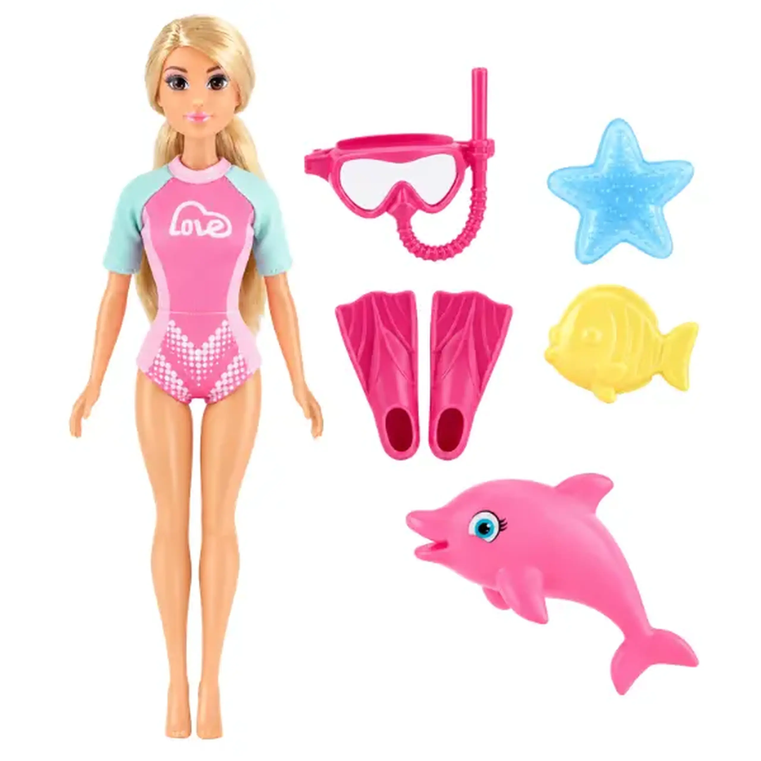 Păpușă înotătoare cu delfin și accesorii, 29 cm