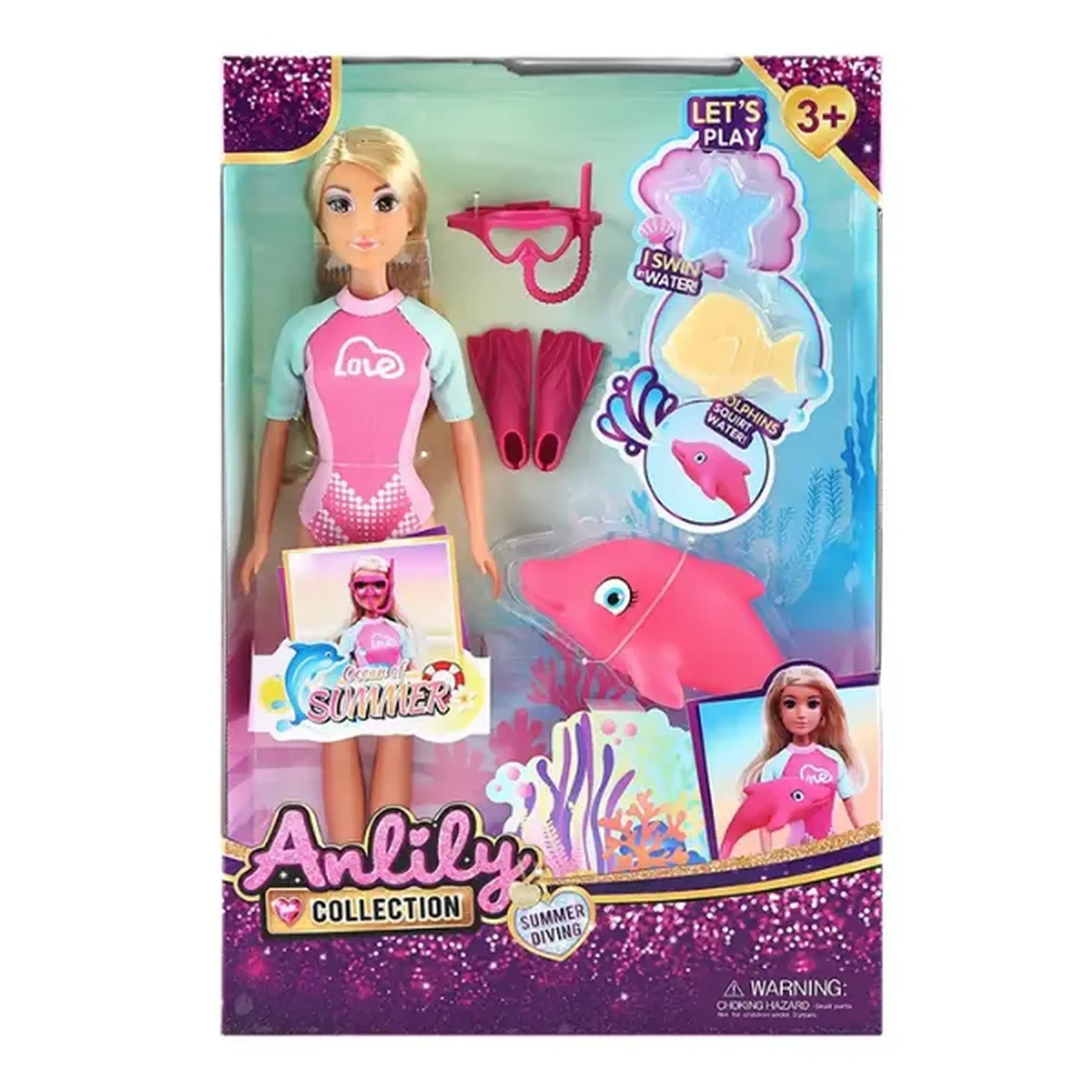 Păpușă înotătoare cu delfin și accesorii, 29 cm