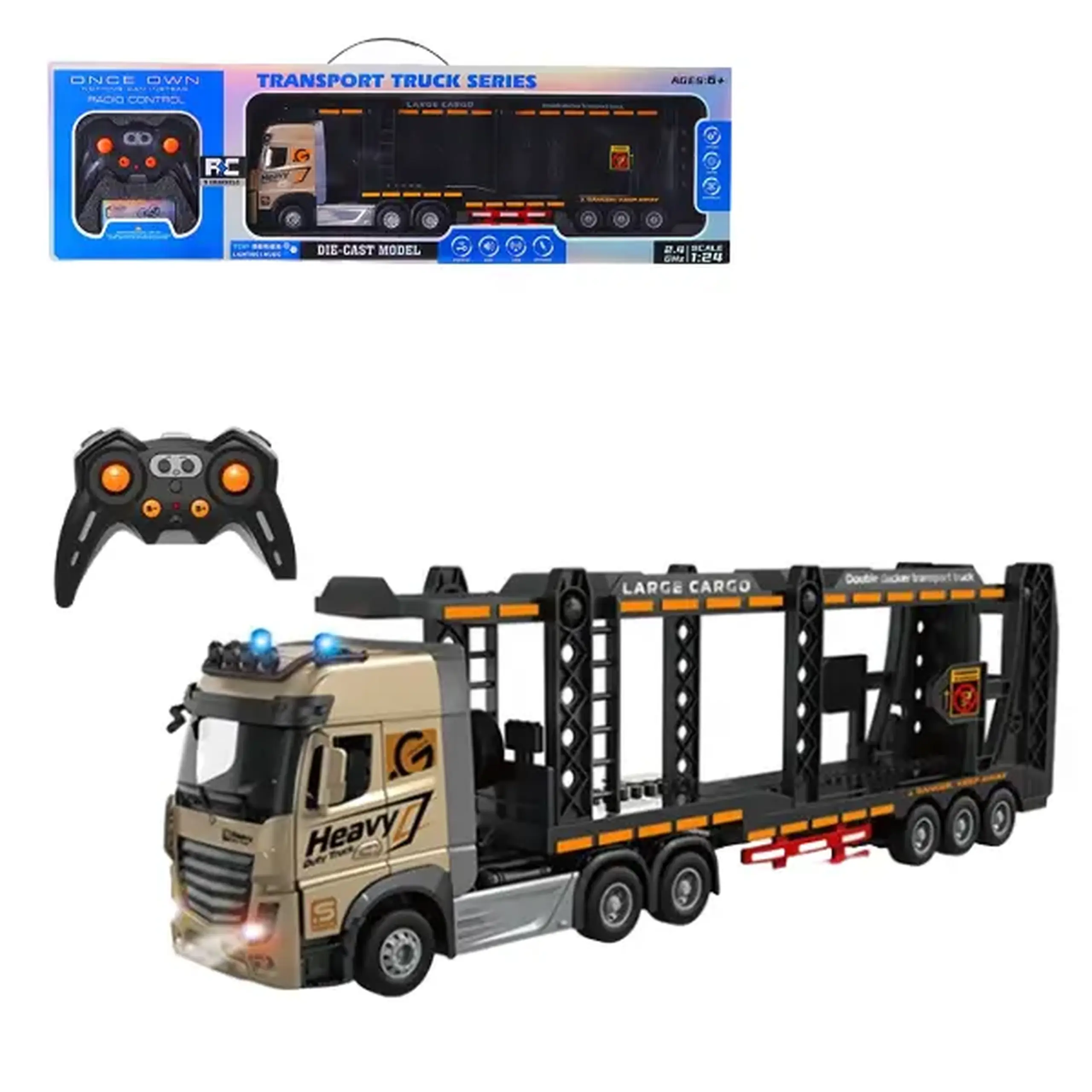 Camion transportator auto cu telecomandă 1:24, cu efecte luminoase și sonore