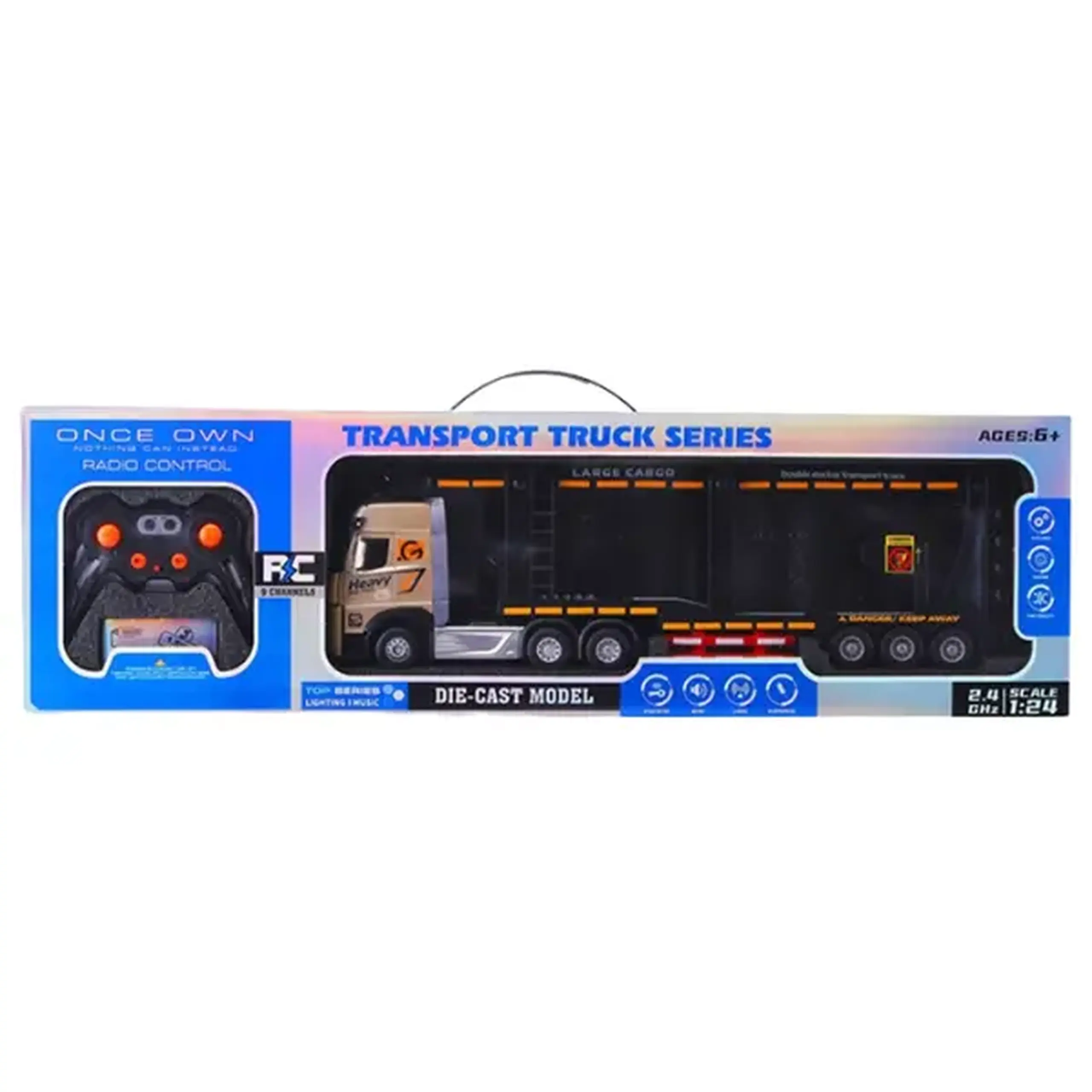 Camion transportator auto cu telecomandă 1:24, cu efecte luminoase și sonore